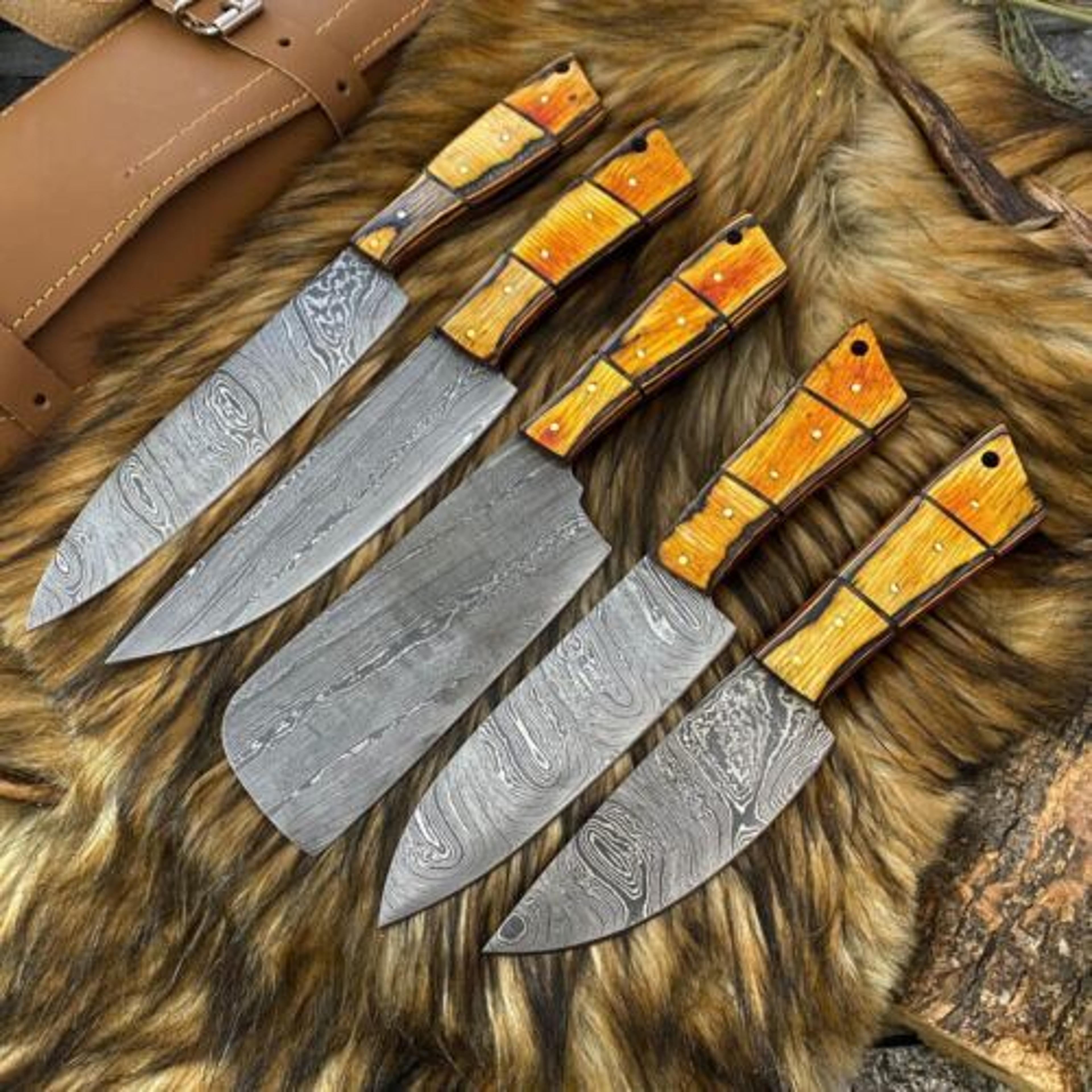 handmade twist damascus steel chef knife set with rosewood handles