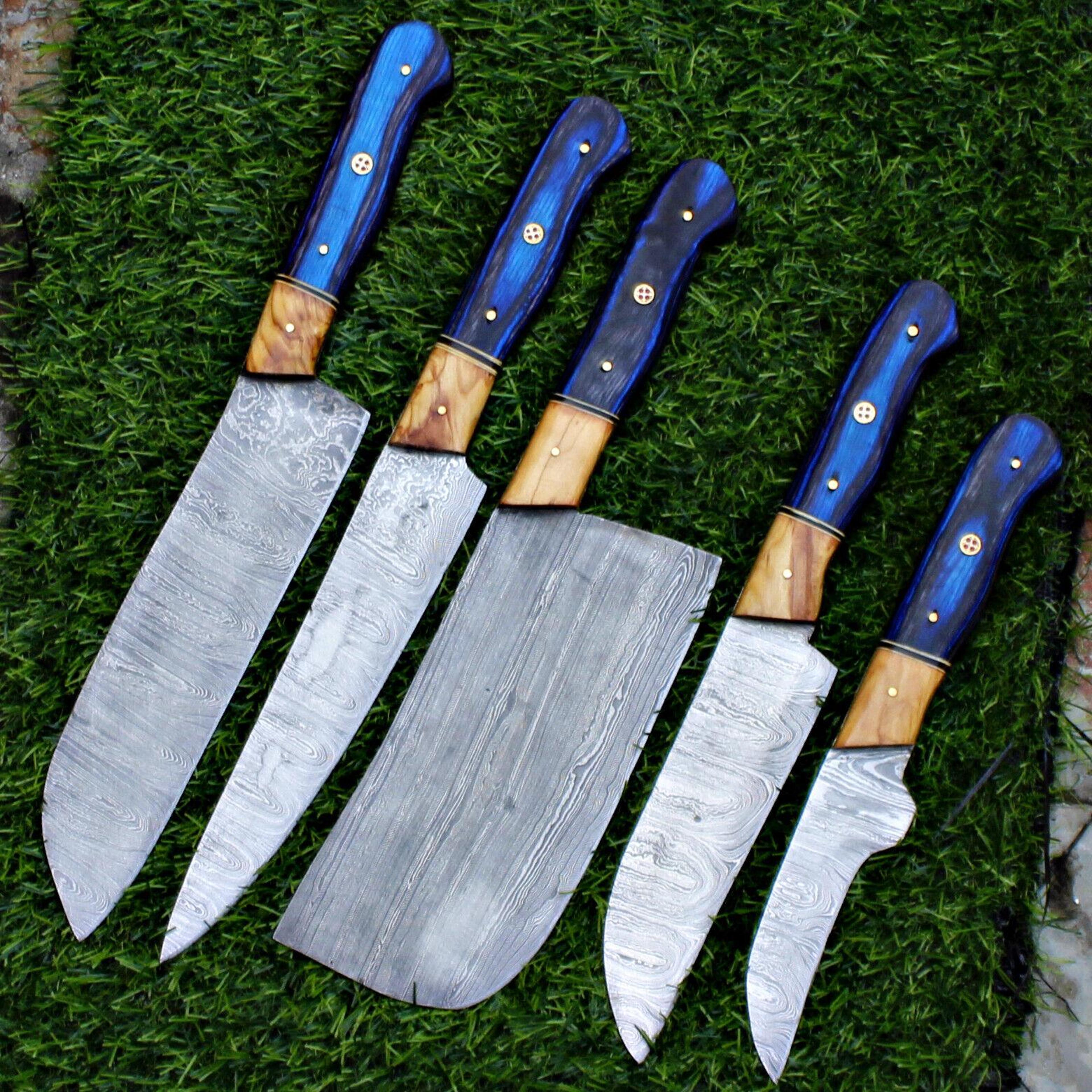 custom twist damascus knives for chefs – handmade set of 5