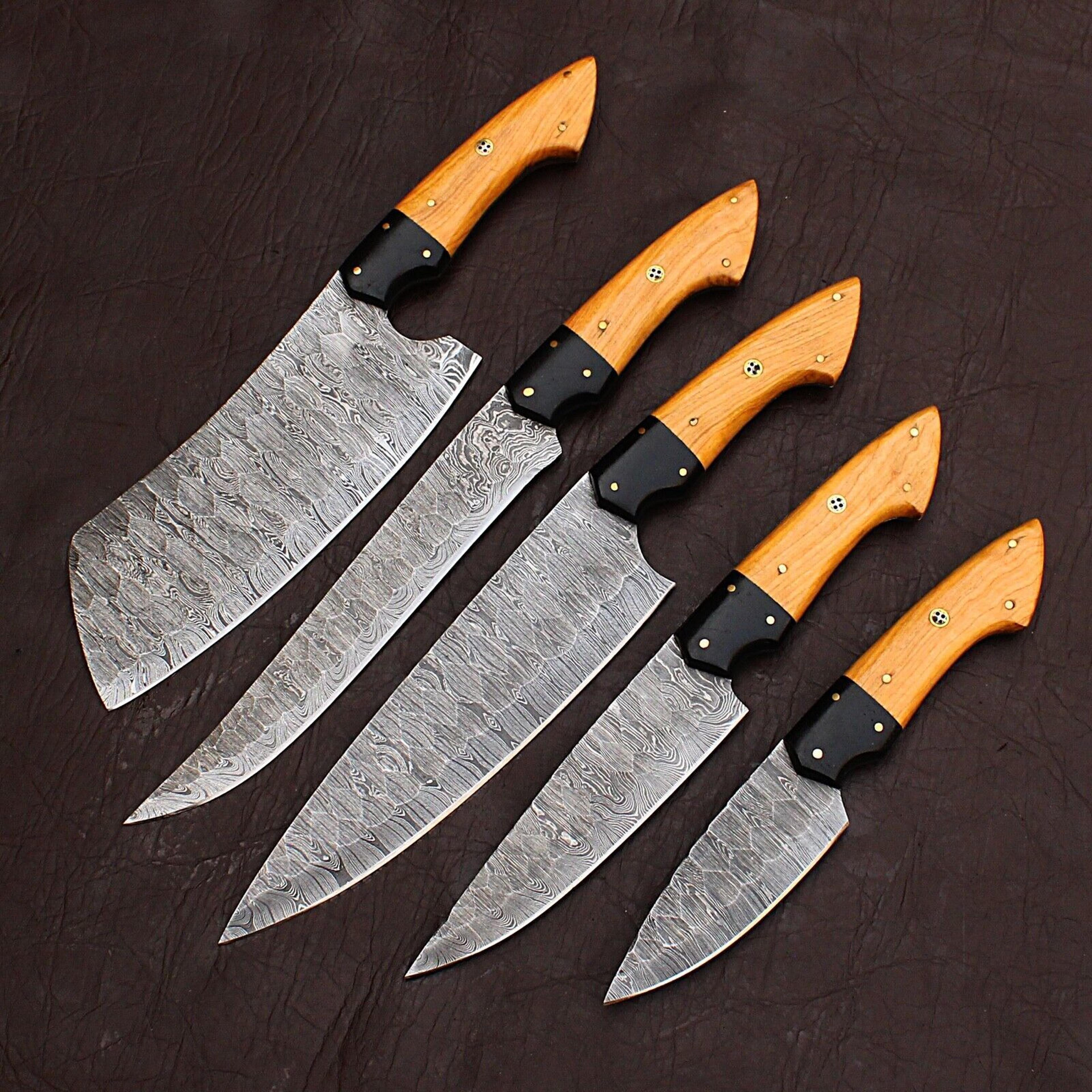 custom forged damascus knife set for cooking, chefs & bbq
