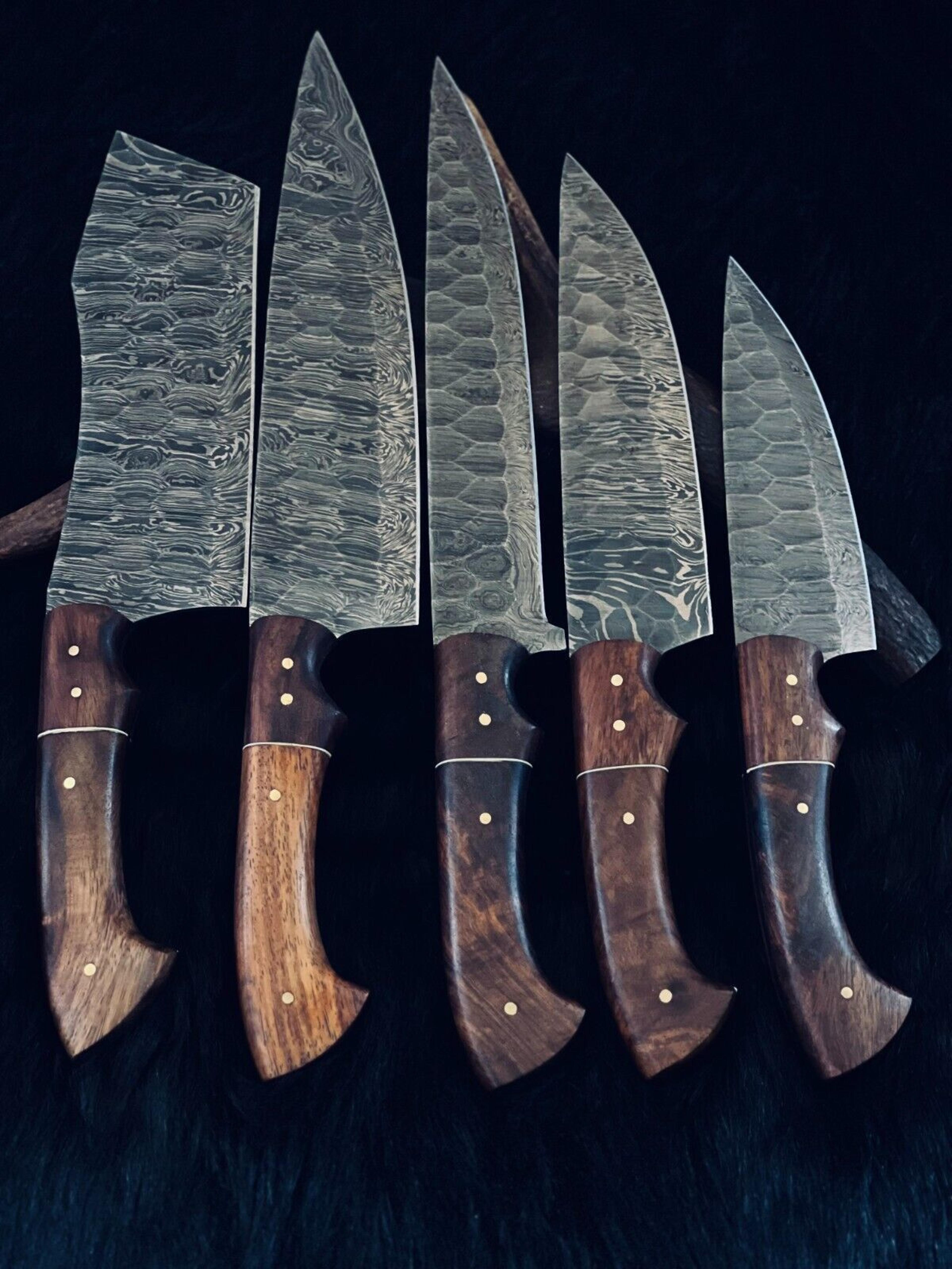custom forged damascus knives for kitchen & bbq – full set