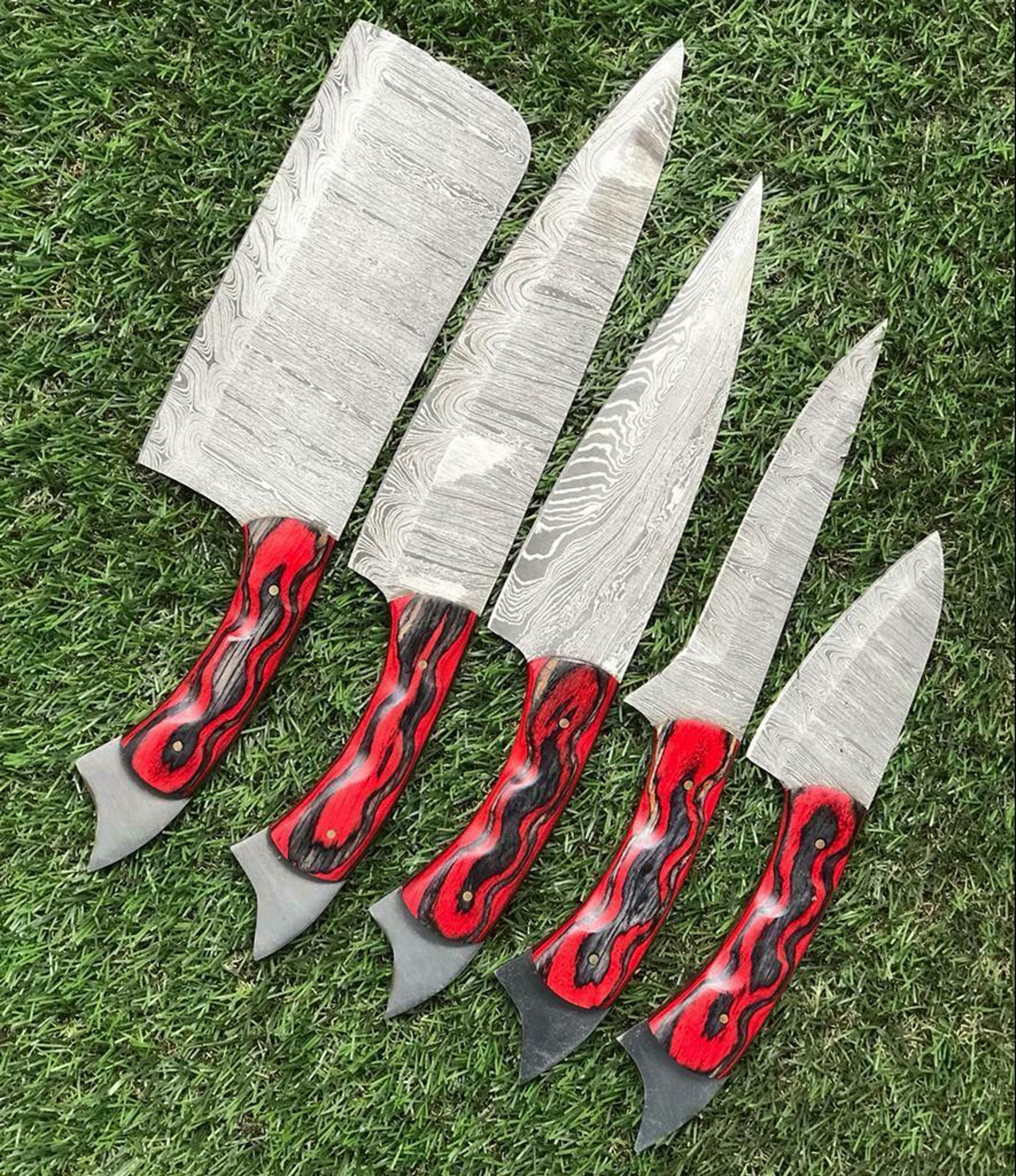 rosewood damascus steel chef knife set – handmade 5-piece knives