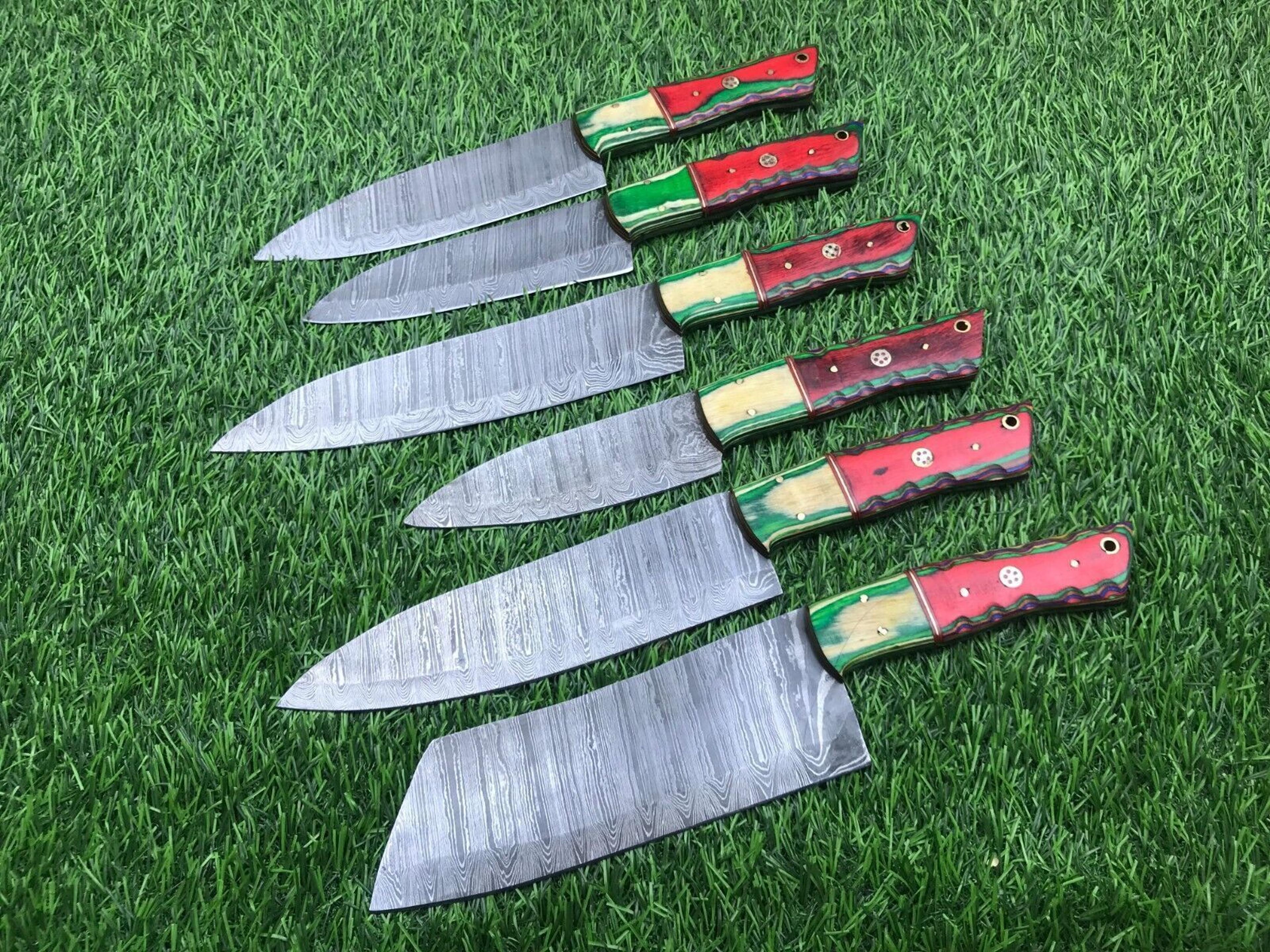 handmade damascus steel camping chef knife set of 6 | custom forged kitchen & outdoor cooking knives