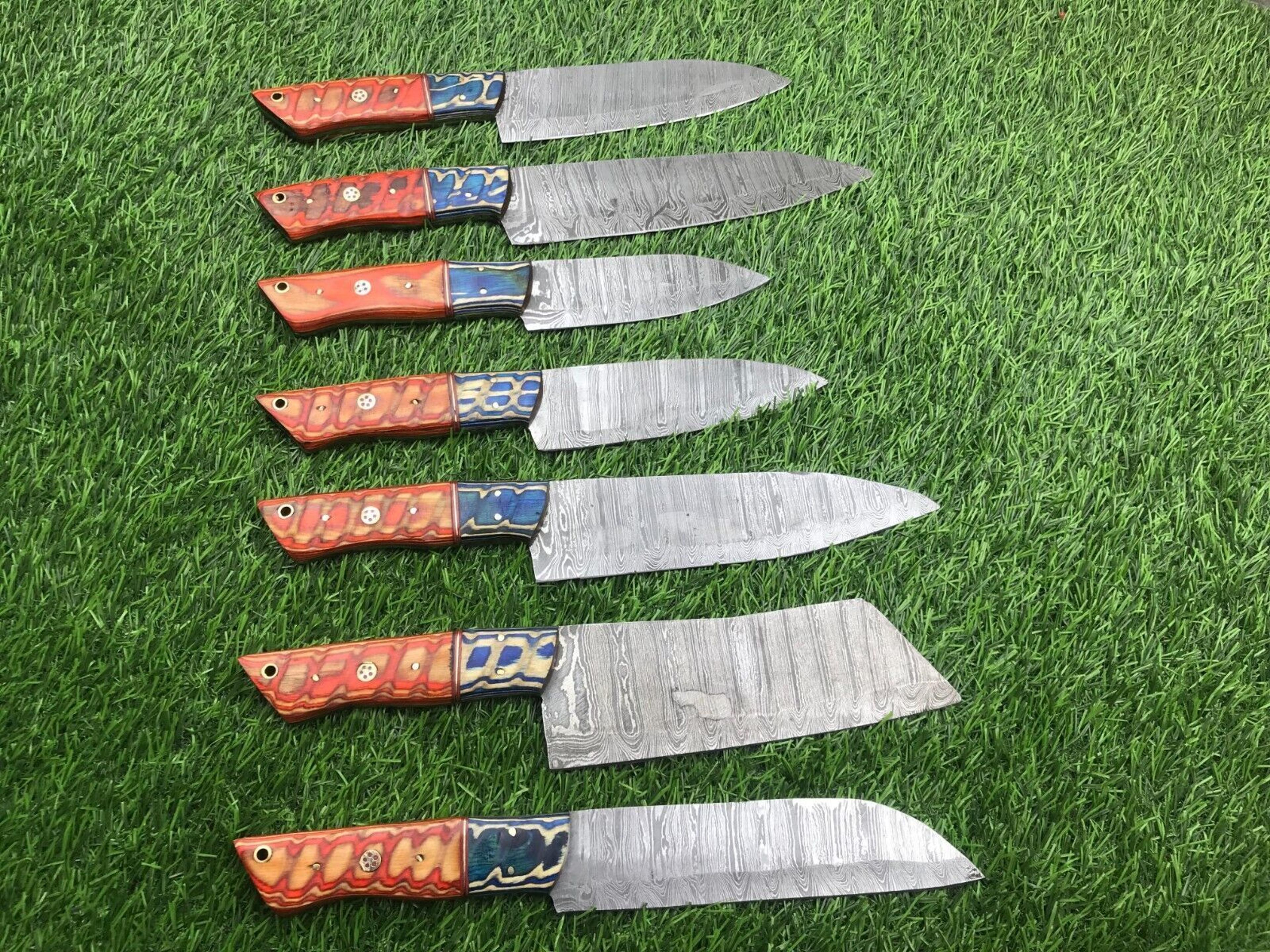hand forged damascus steel skinner chef knife set of 7 | custom handmade kitchen & outdoor knives – full tang