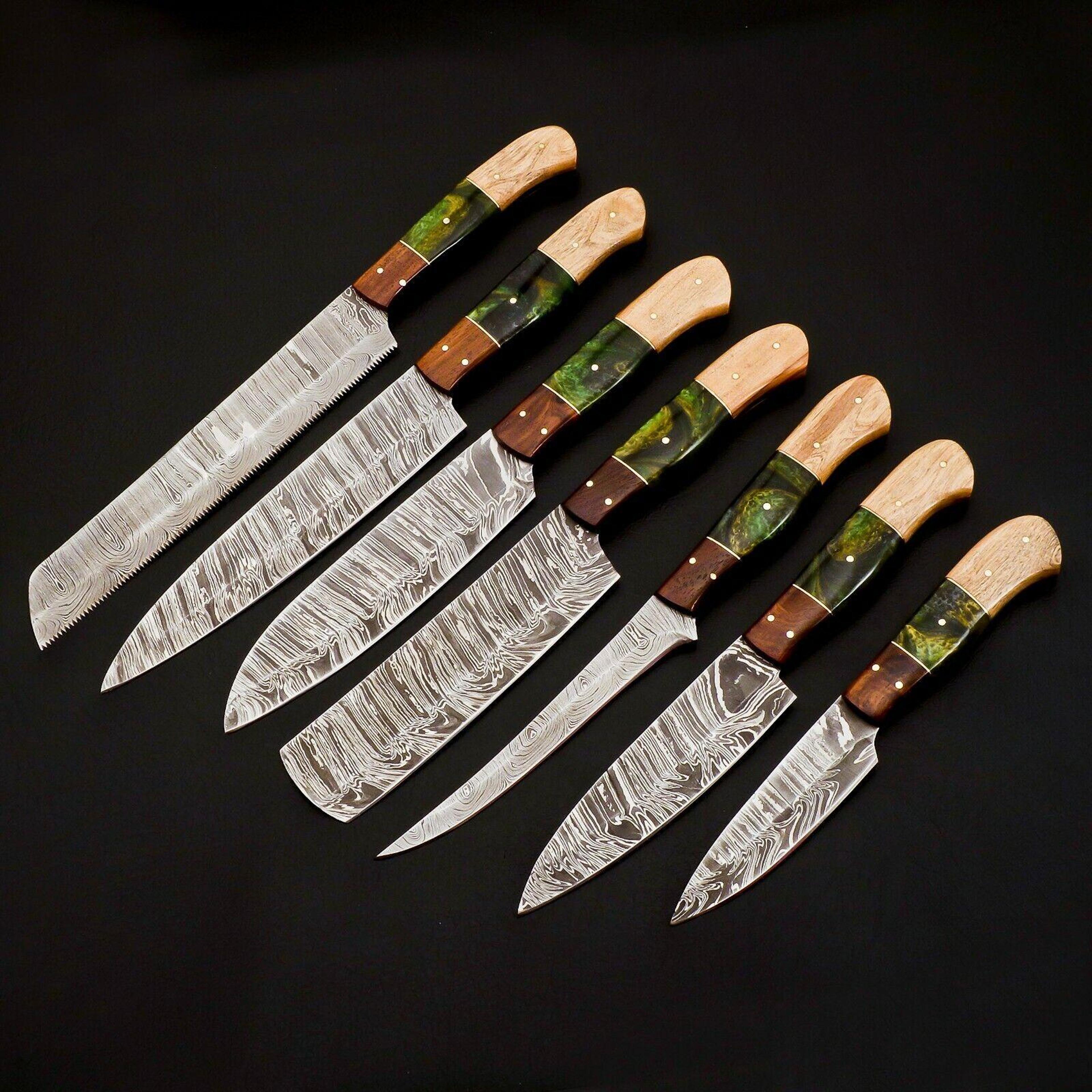 damascus chef & hunting knife set – 7 handmade forged steel knives