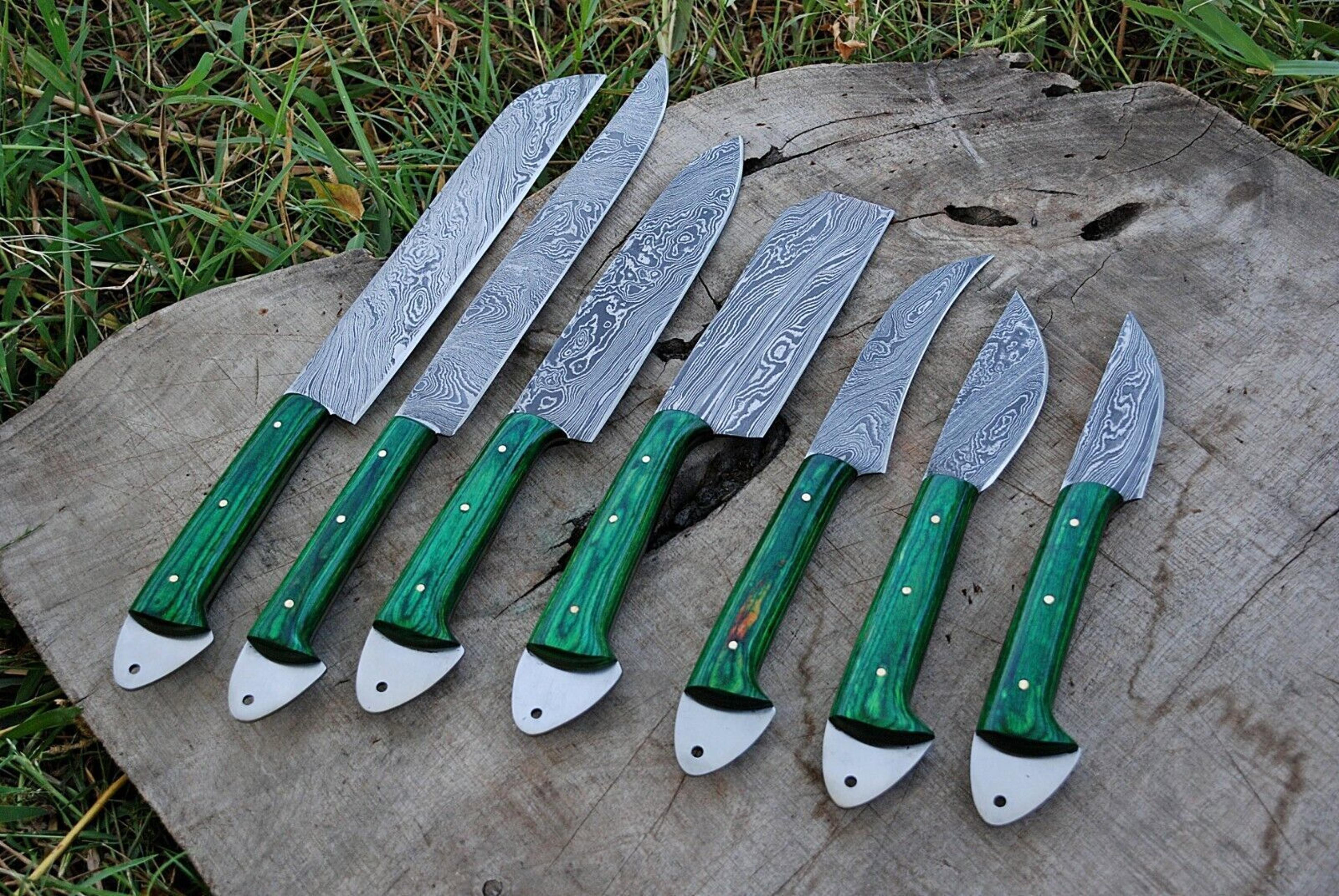 damascus steel knife set 7 pcs – custom forged chef & hunting knives