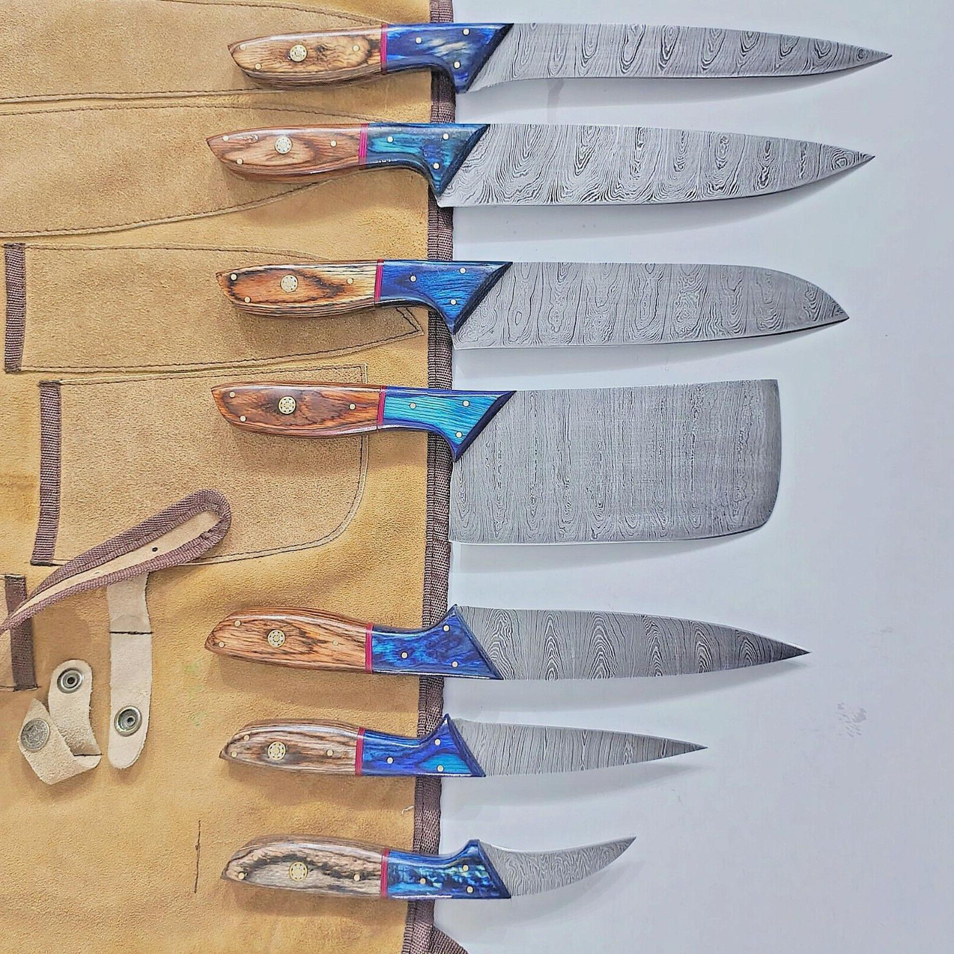 damascus knife set 7 pieces – handmade chef, skinner & camping knives