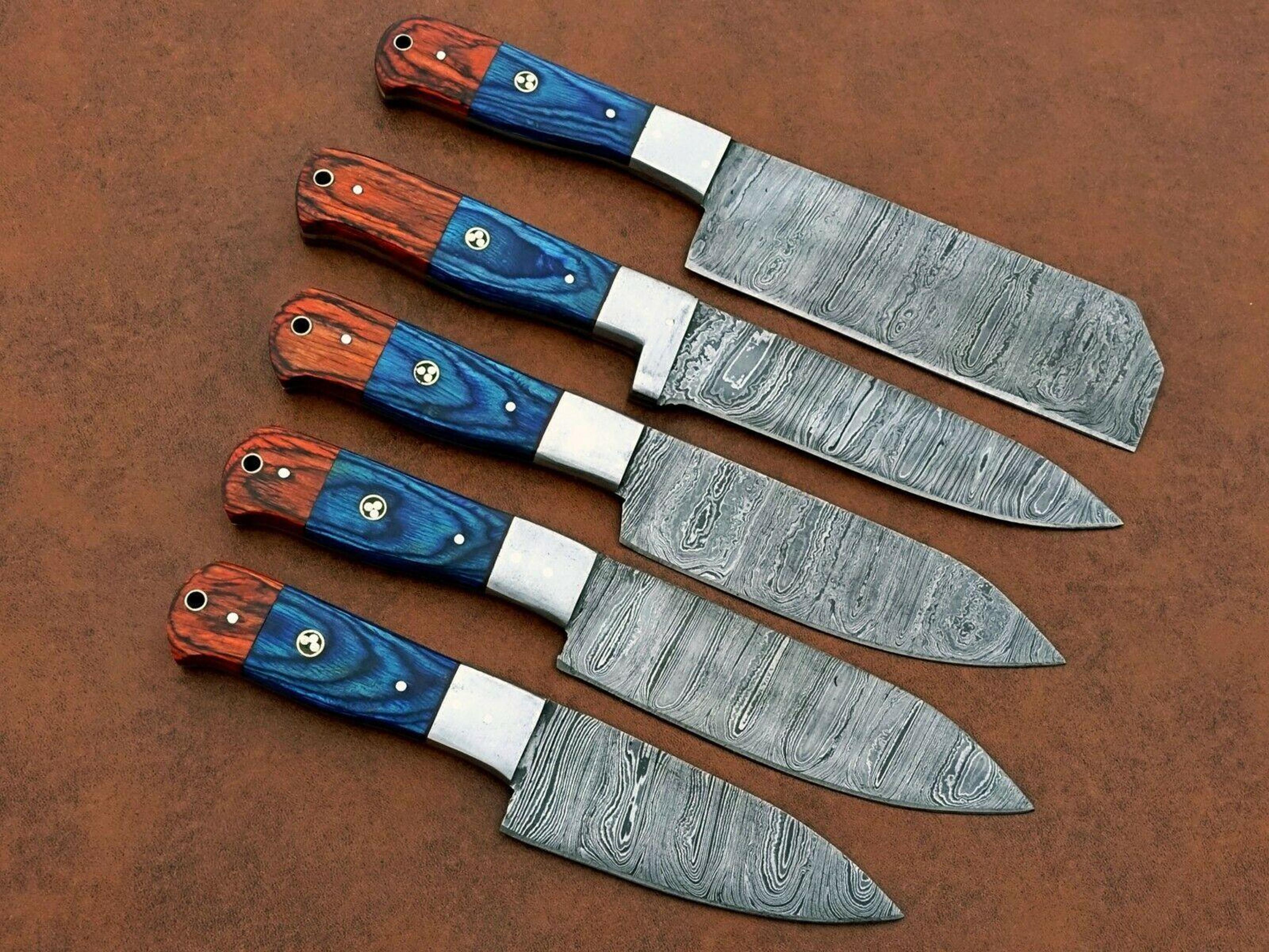 handmade damascus steel 5-piece chef knife set with wood handle | professional kitchen knives gift for her