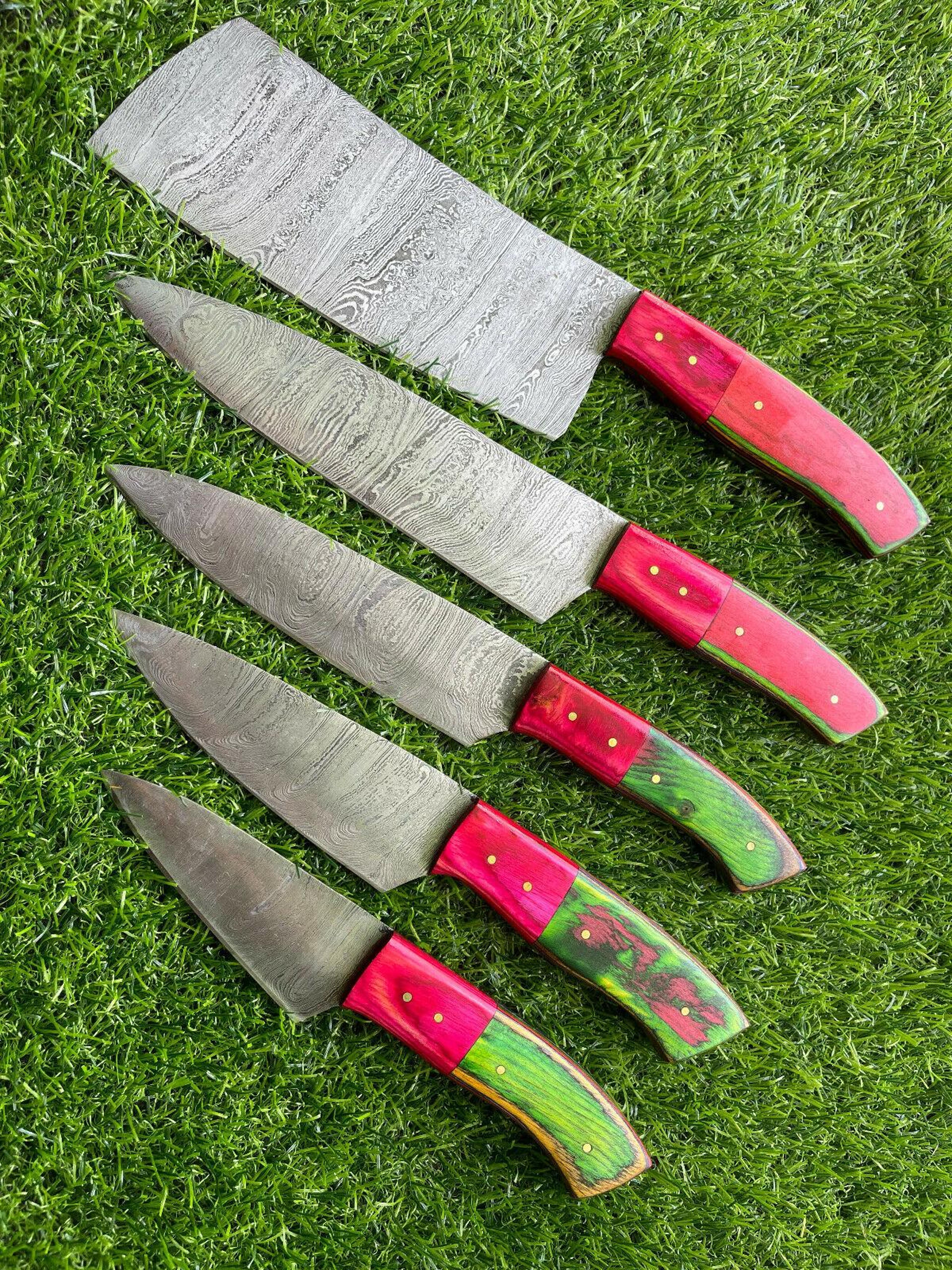 5 pcs handmade damascus steel chef knives with wooden handles