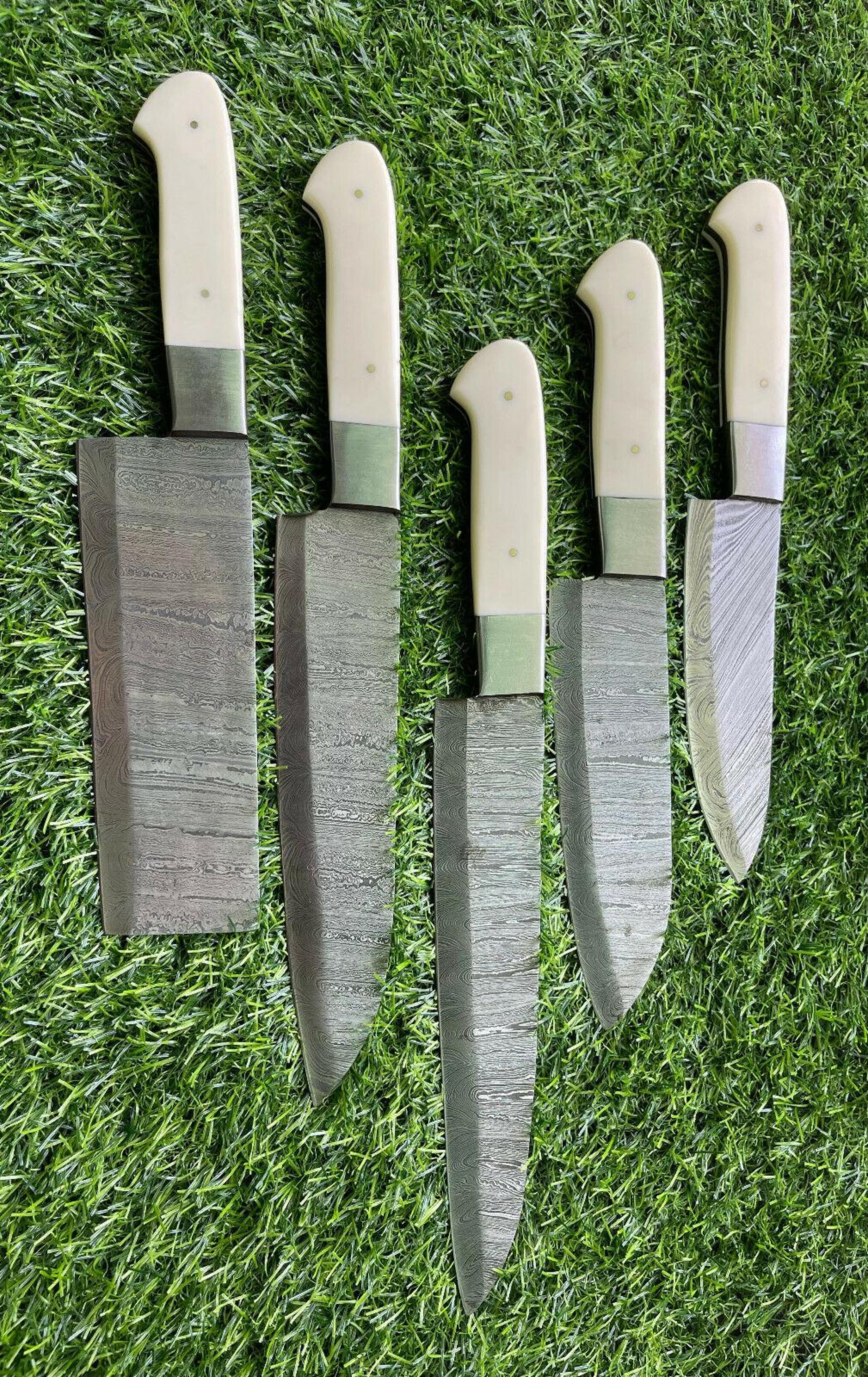 damascus steel kitchen knives – handmade 5 piece chef set