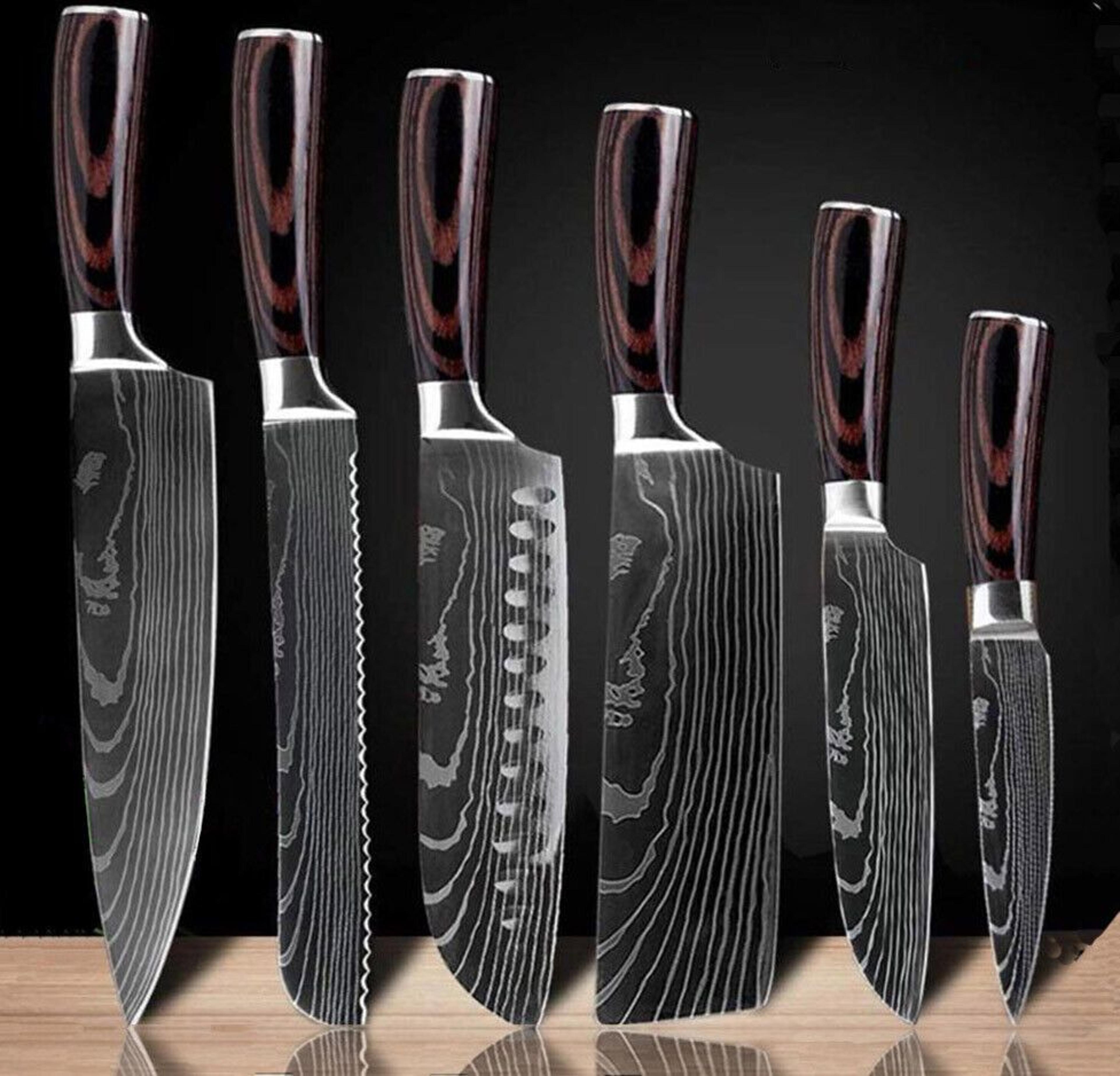 wood 6pcs japanese style kitchen damascus pattern chef knives set