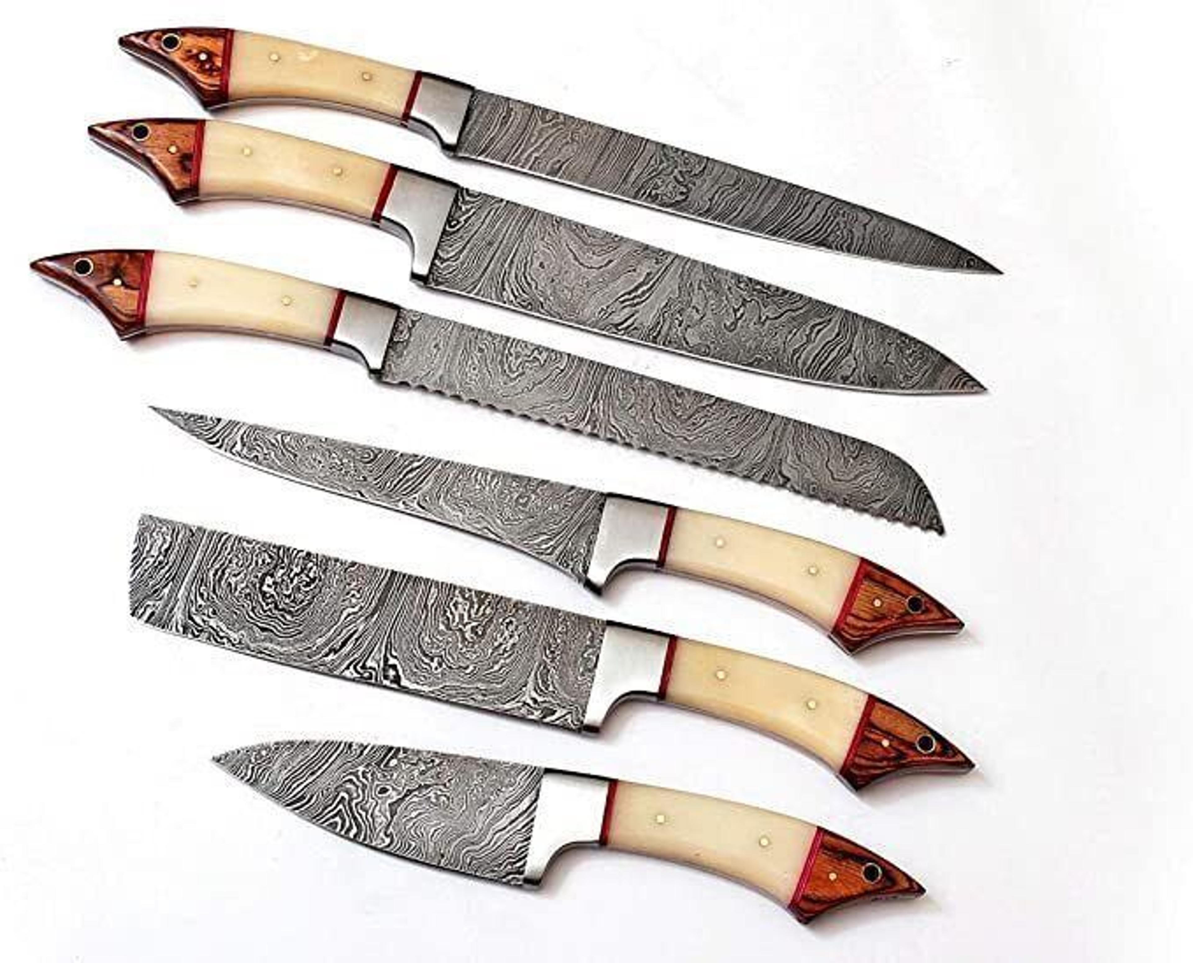professional kitchen knife set 6pcs – damascus style blades with wood handles