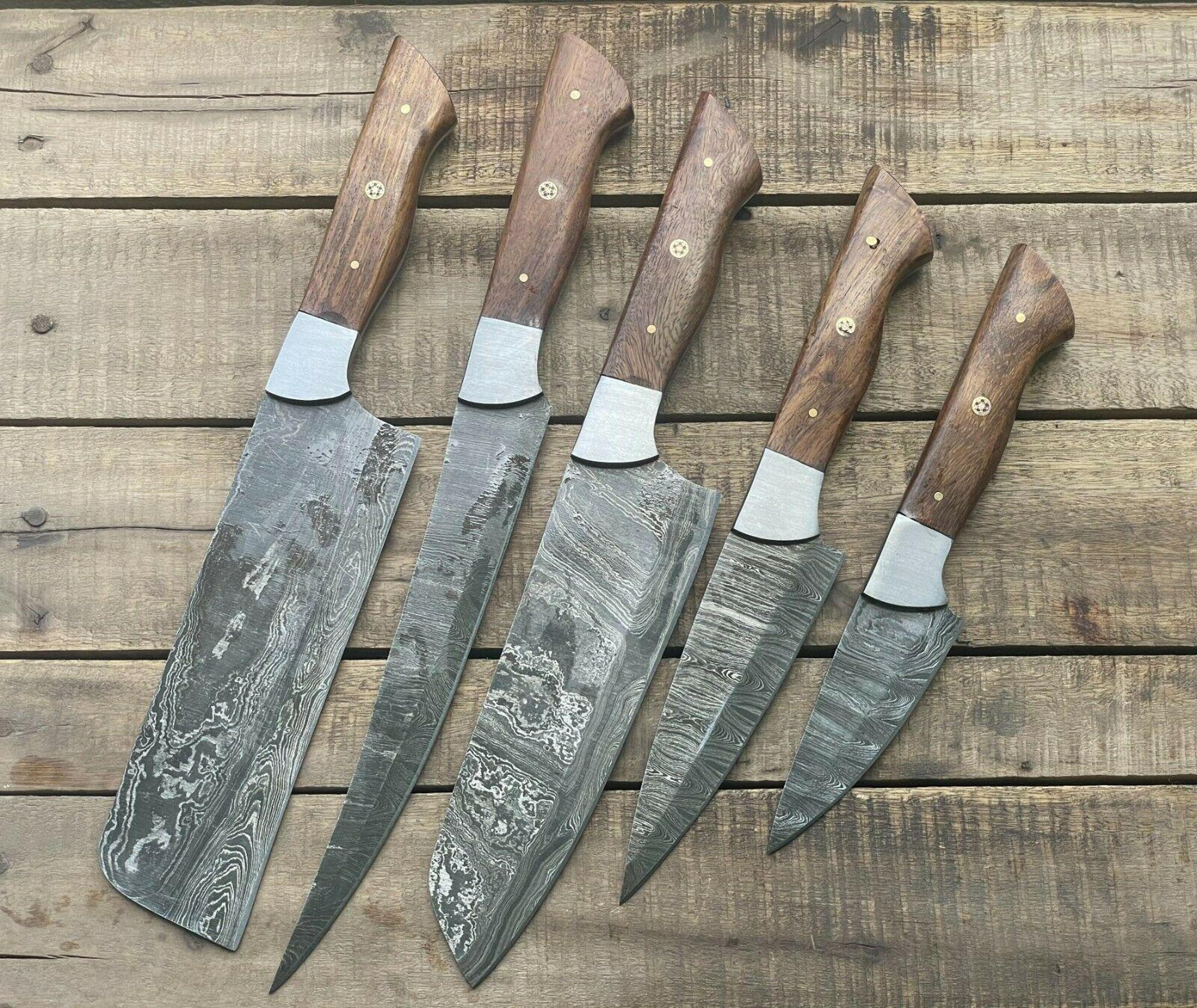 handmade damascus steel 5-piece chef knife set with wood handle | professional kitchen knives