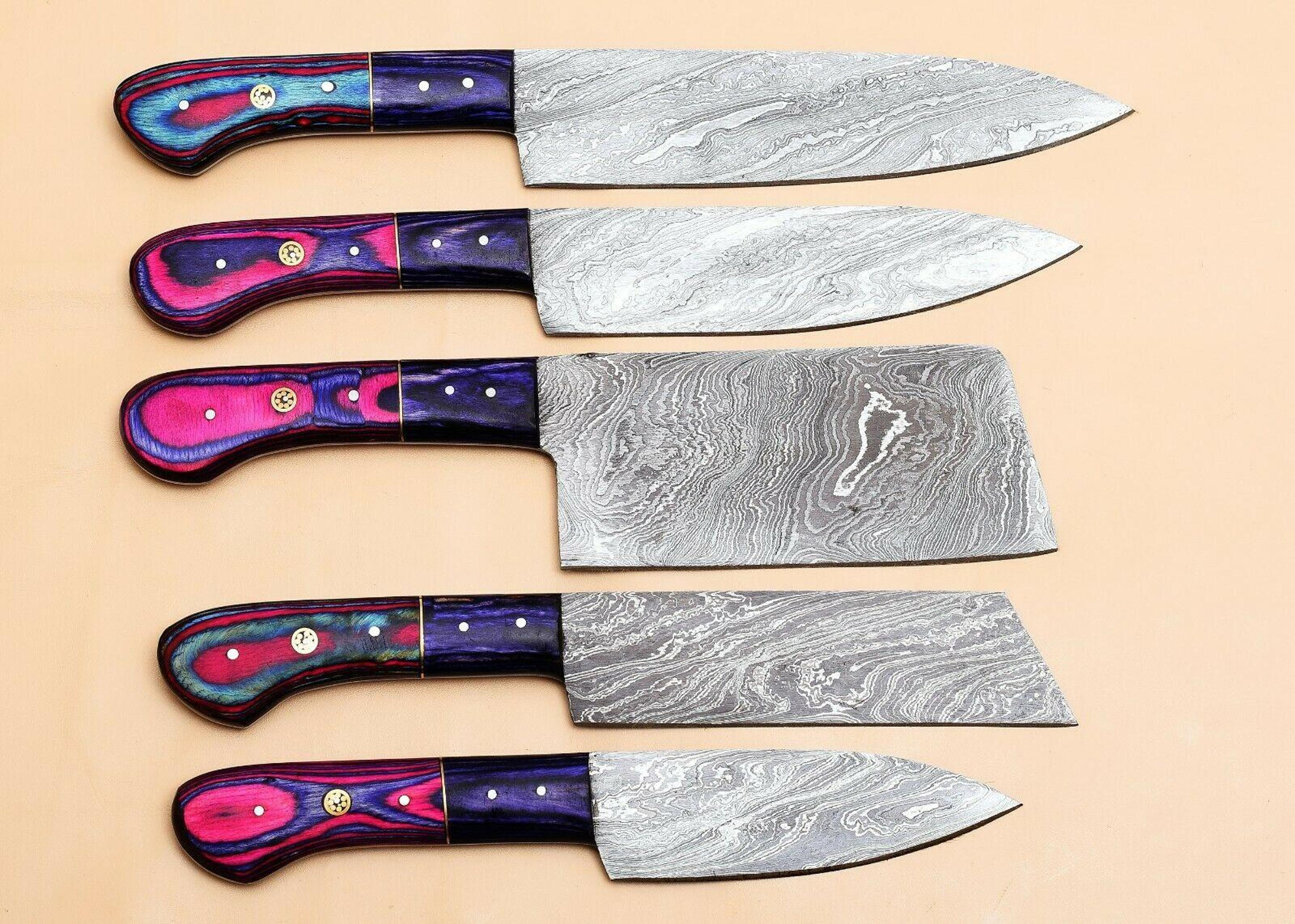 damascus steel 5 pcs sharp edge chef knife set with roll bag