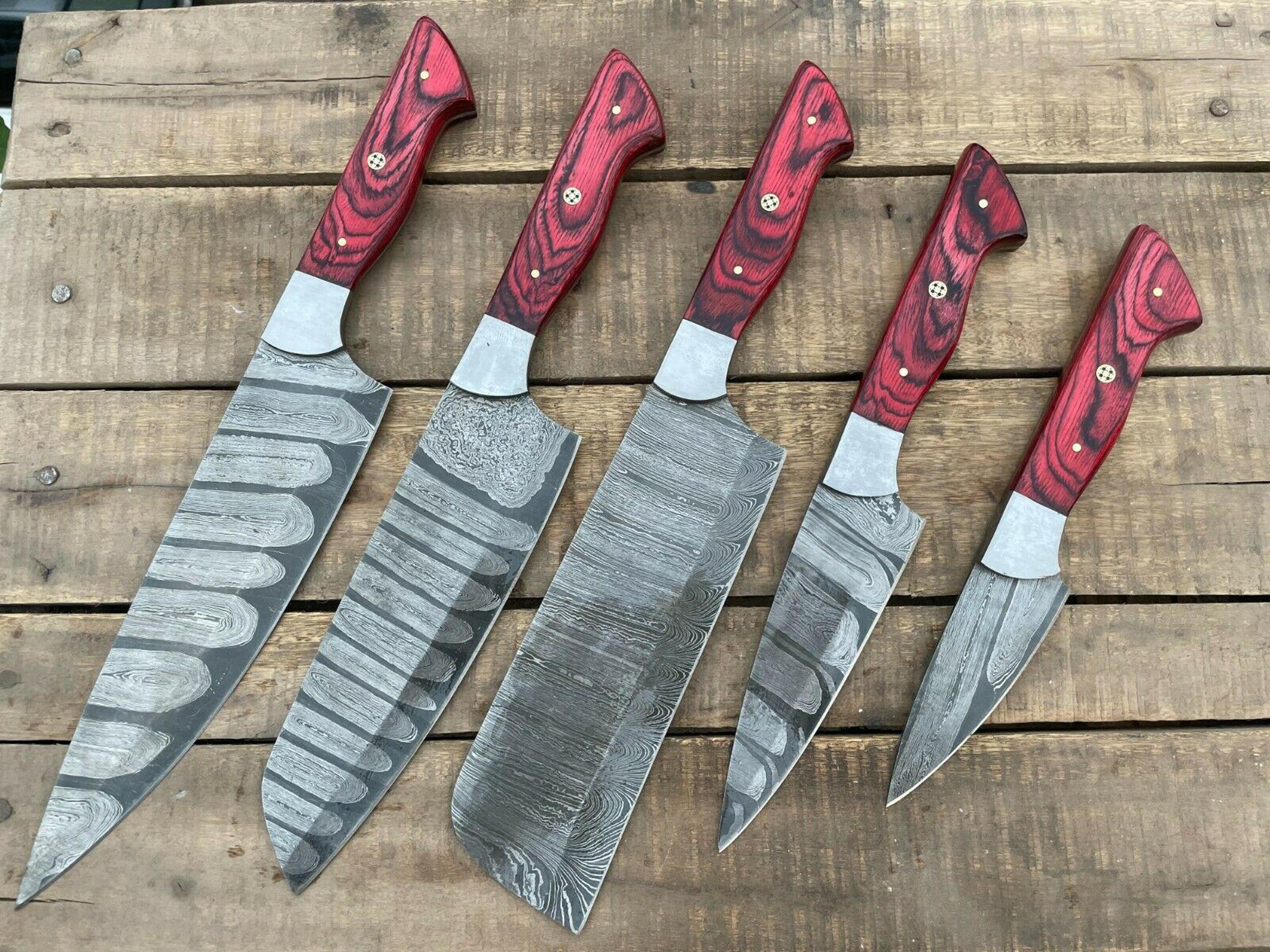 5-piece handmade damascus steel chef knife set | kitchen knives with wood handles