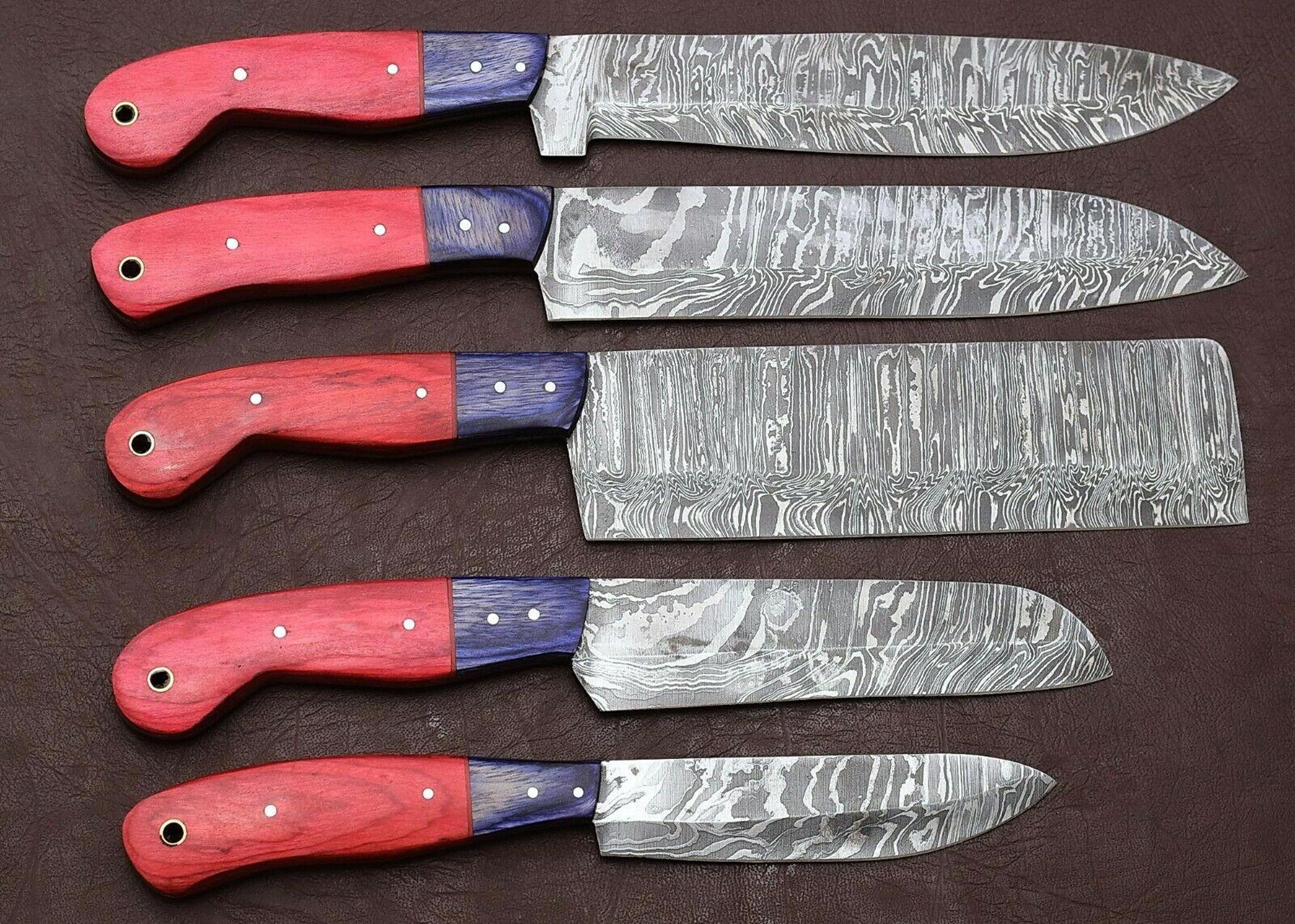 handmade damascus kitchen knife set | 5-piece chef knives with pakka wood