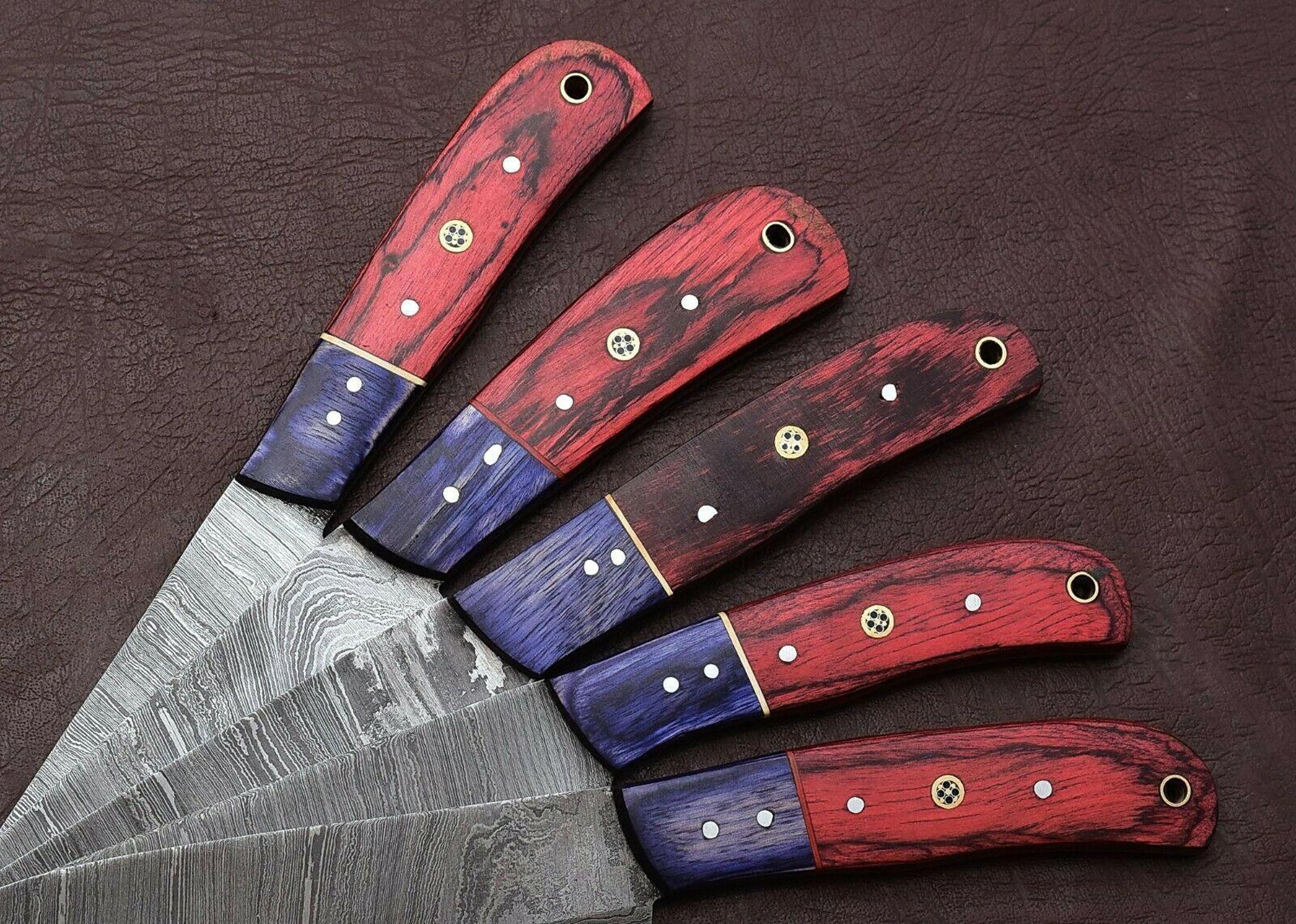 damascus kitchen knife set | 5-piece chef knives with pakka wood