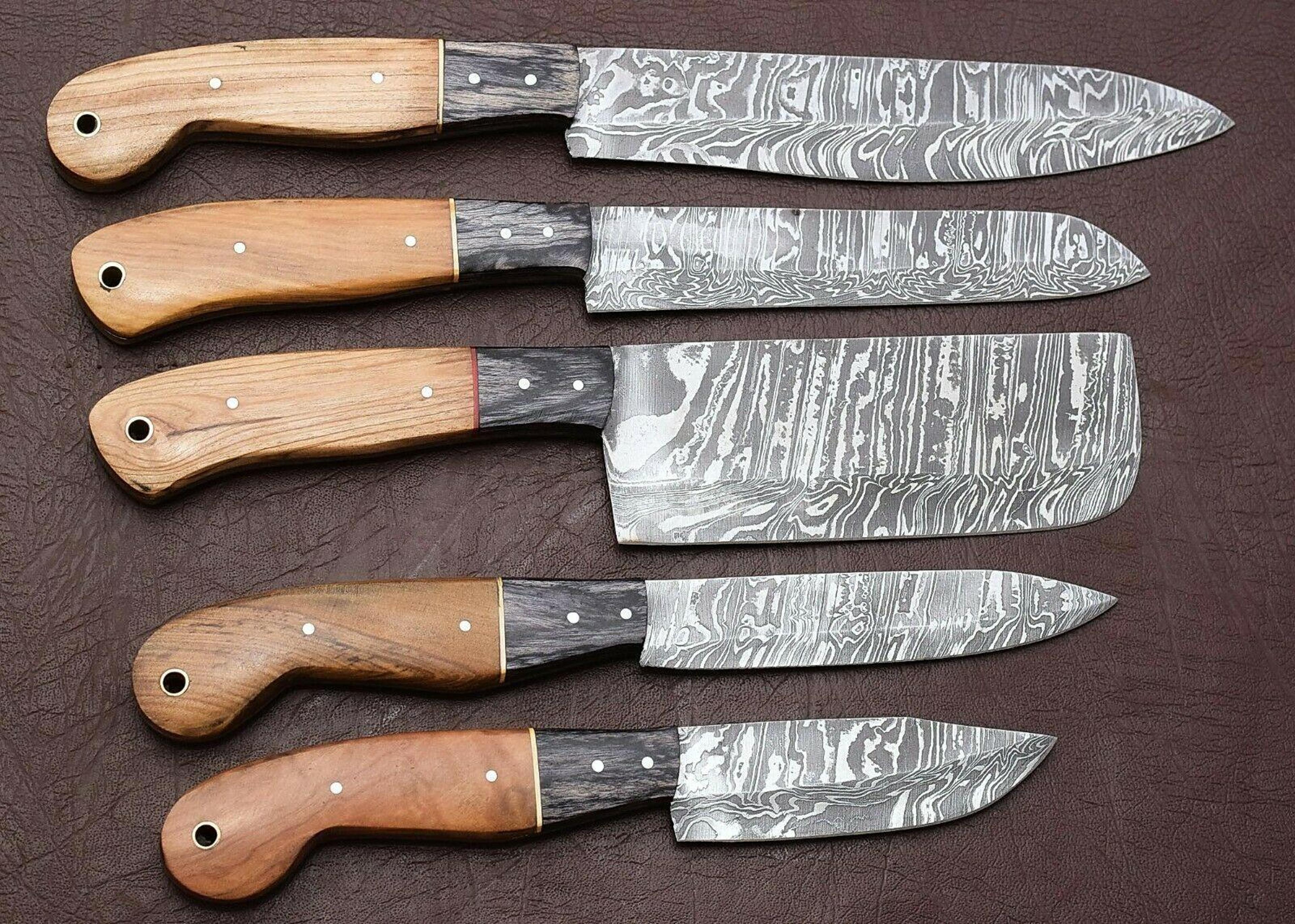 damascus steel chef knife set | 5-piece kitchen knives with pakka wood handmade
