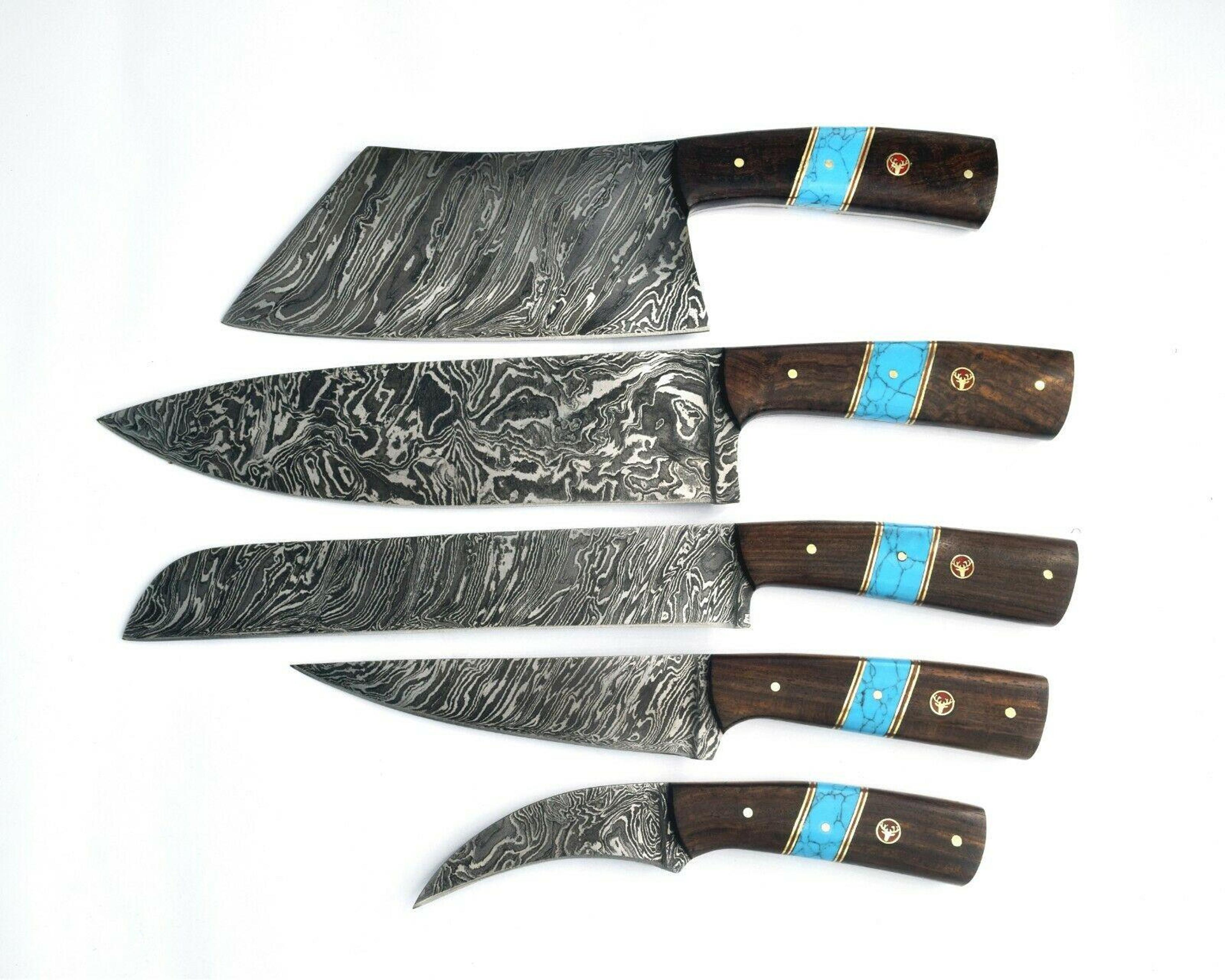 custom handmade damascus steel chef knife set | 5-piece turquoise & wood handle