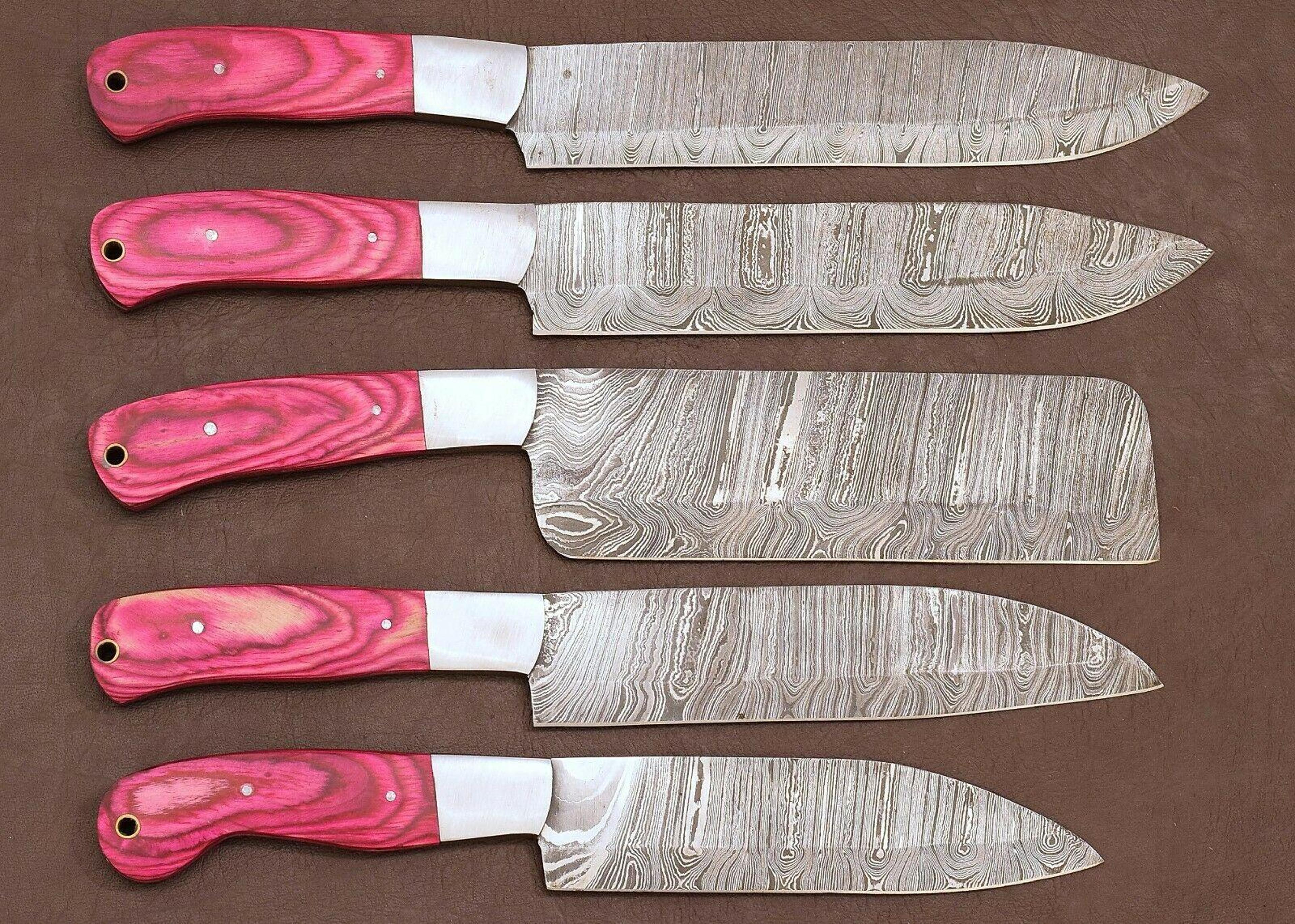 custom damascus steel kitchen knife set | 5 chef knives pakka wood