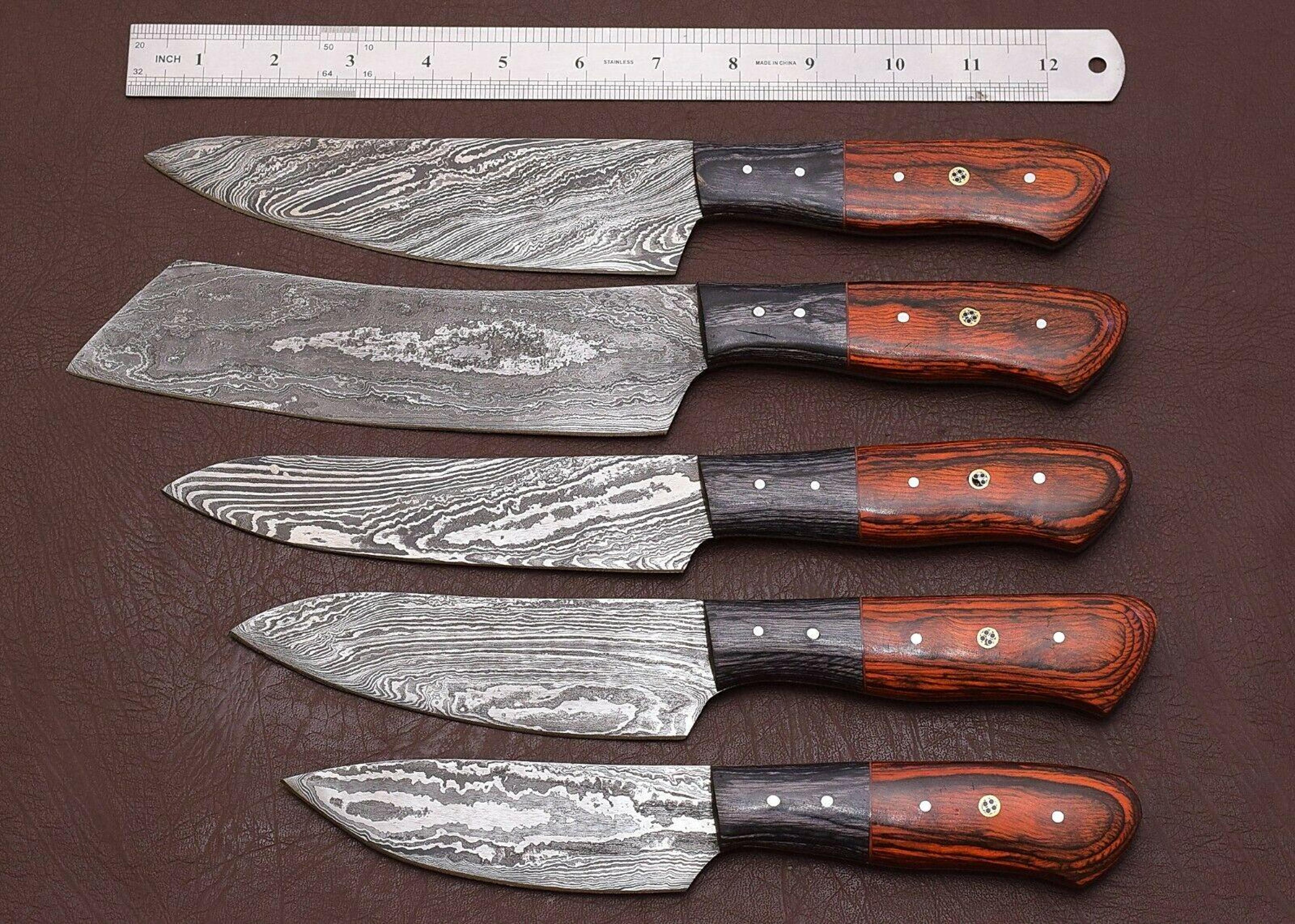 hand-forged damascus steel chef knives set with pakka wood handles