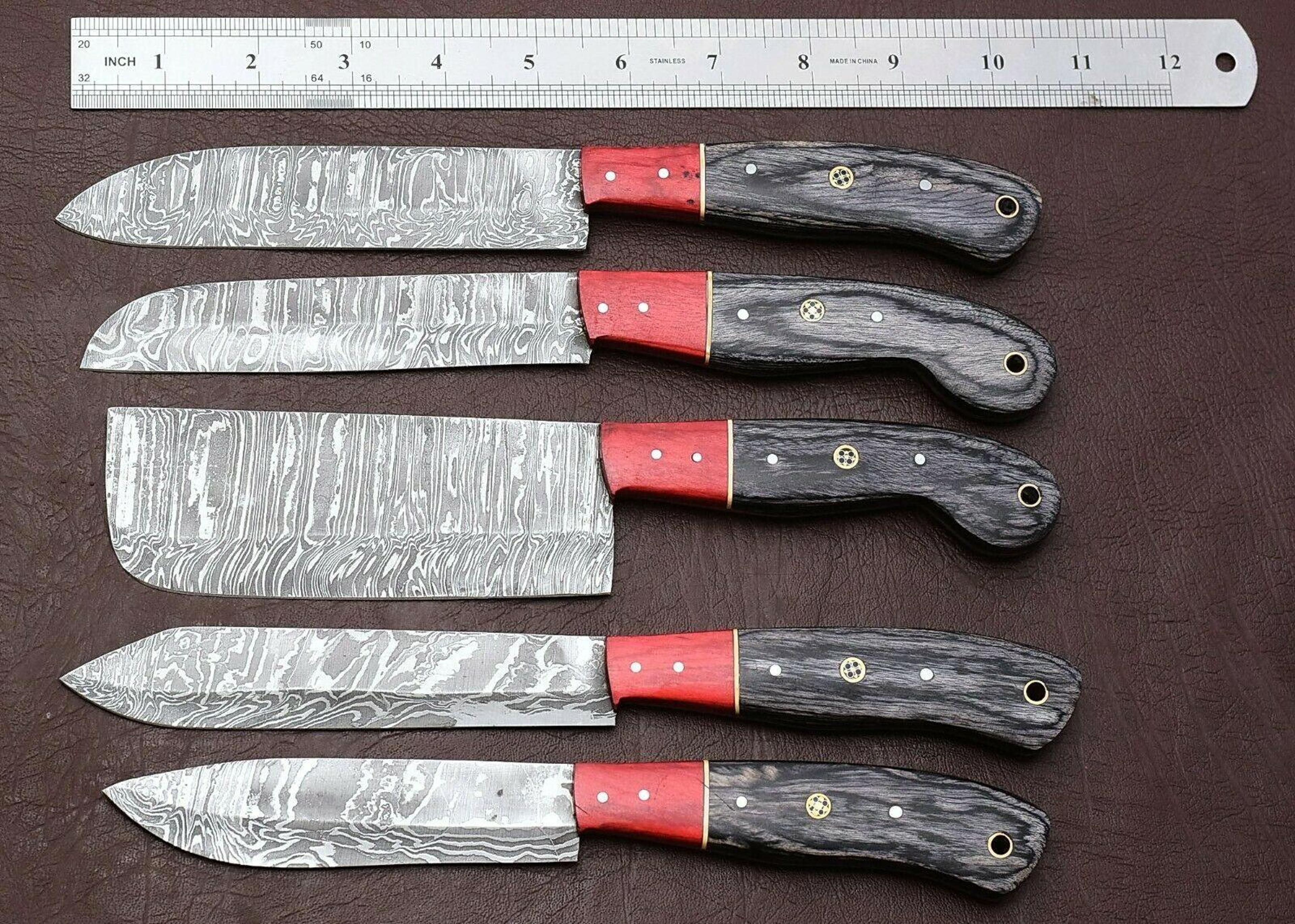 custom forged damascus 5 pc chef knife set with elegant pakka wood handle