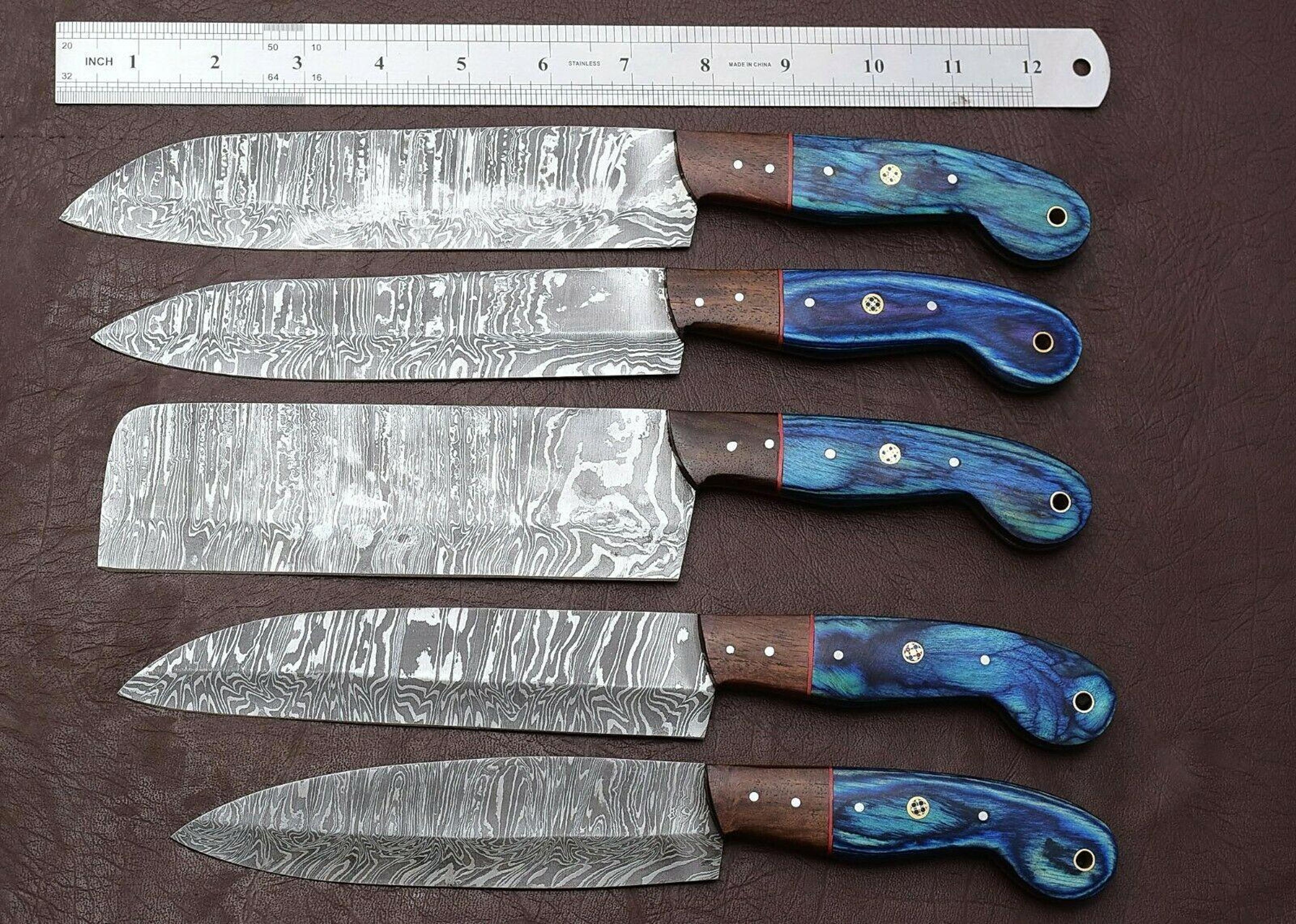 professional handmade damascus kitchen knife set – 5 pcs with pakka wood