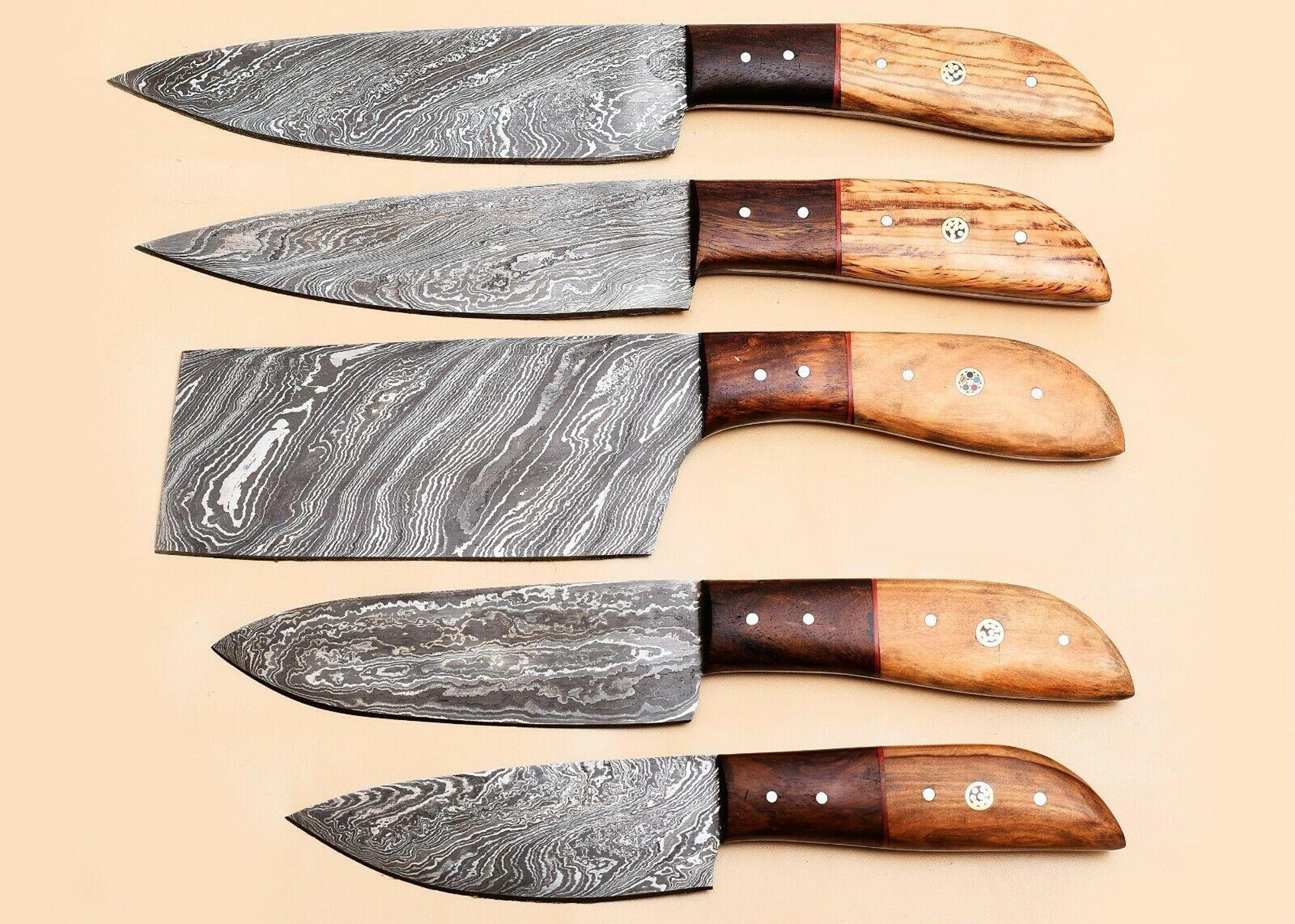 unique handmade damascus steel kitchen knives set of 5 with pakka wood