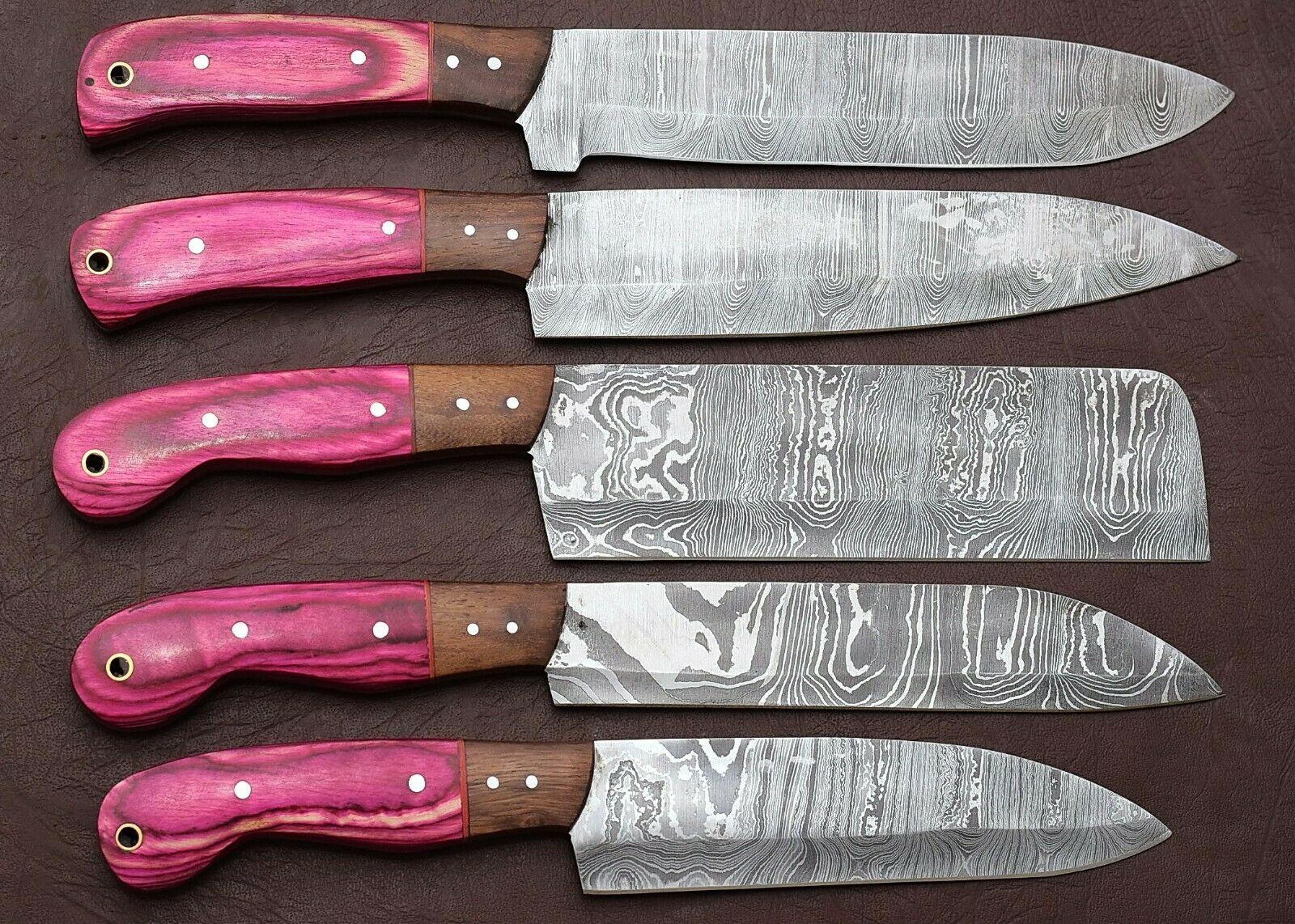 unique damascus steel 5 piece kitchen knife set with pakka wood