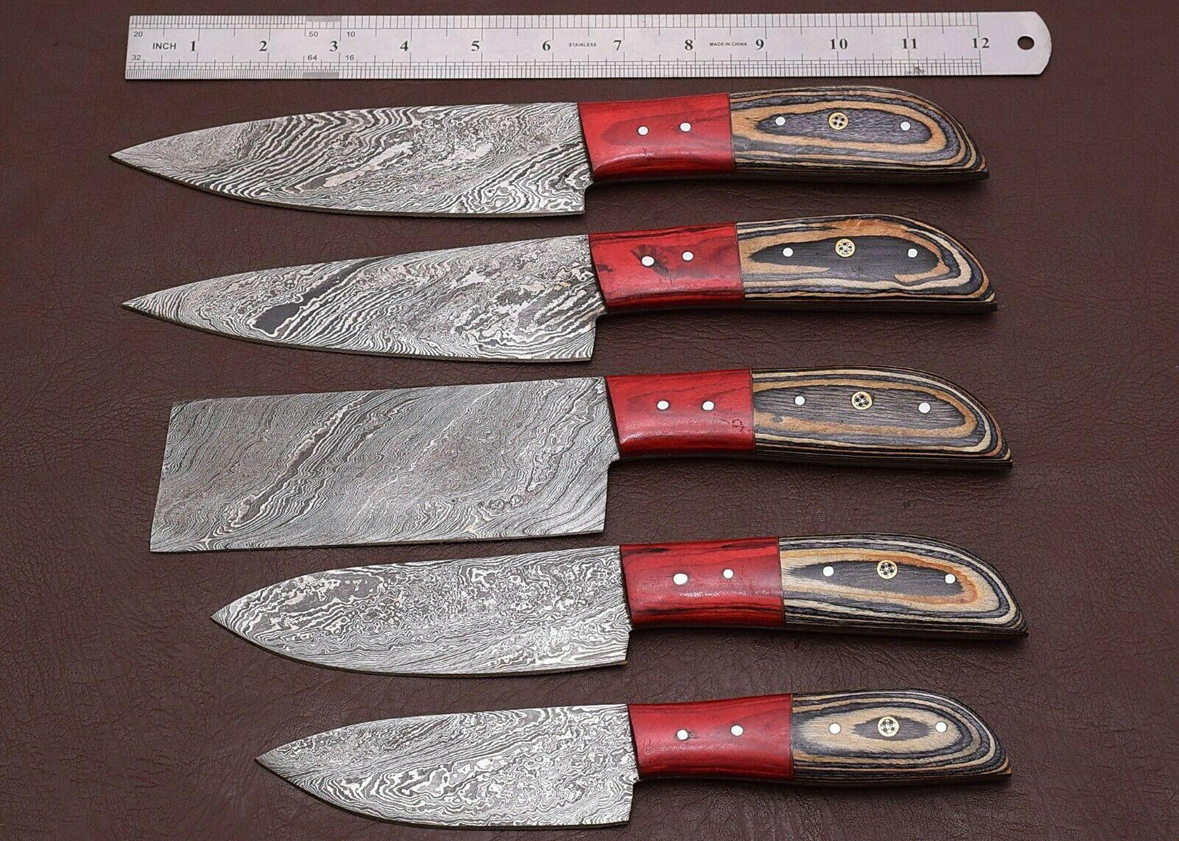 hand-forged damascus steel chef knife set of 5 with pakka wood handles