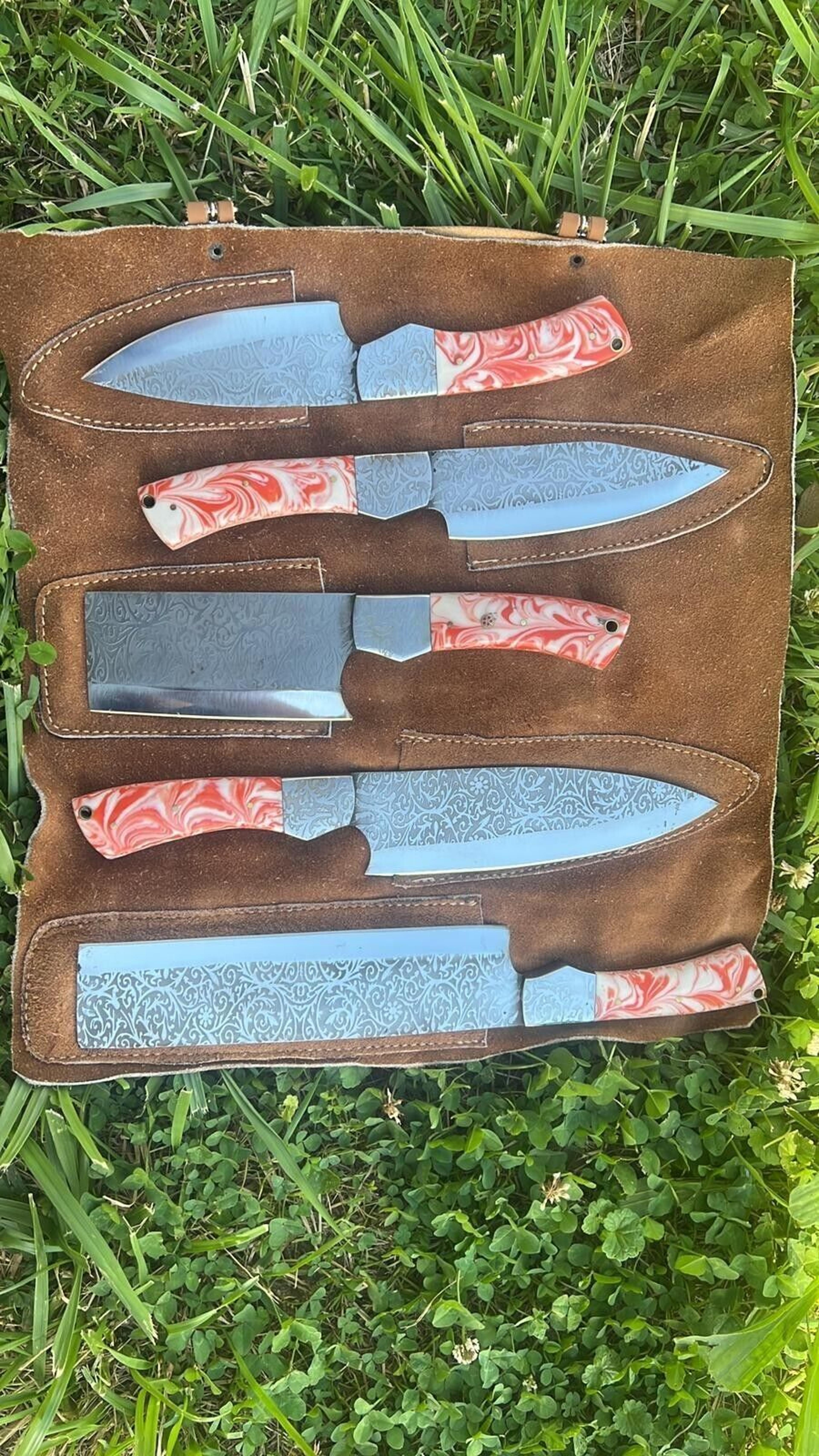 5 pcs handmade d2 steel chef knife set with resin handle & leather bag