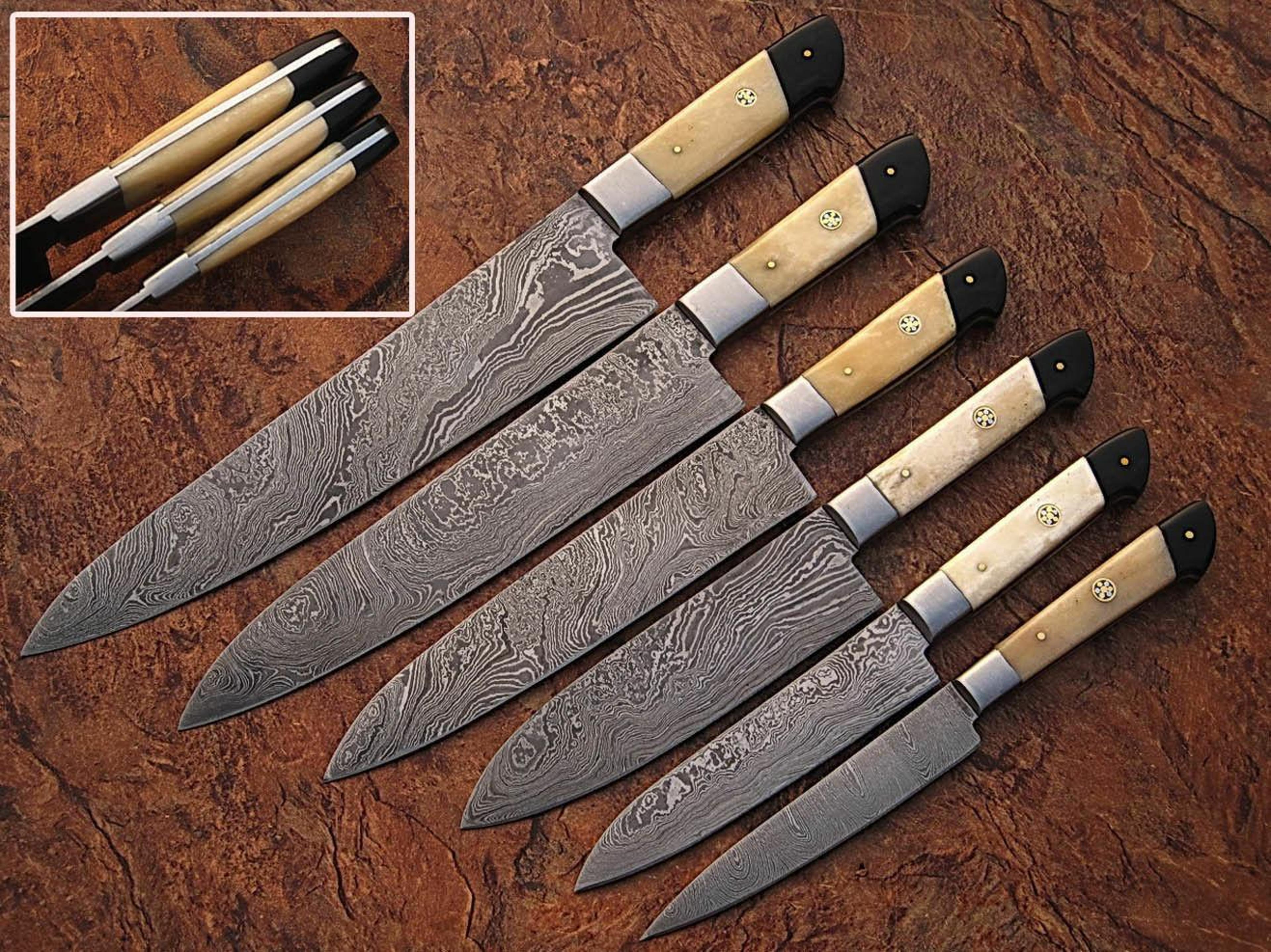 custom handmade damascus steel kitchen knife set | bone & horn handle