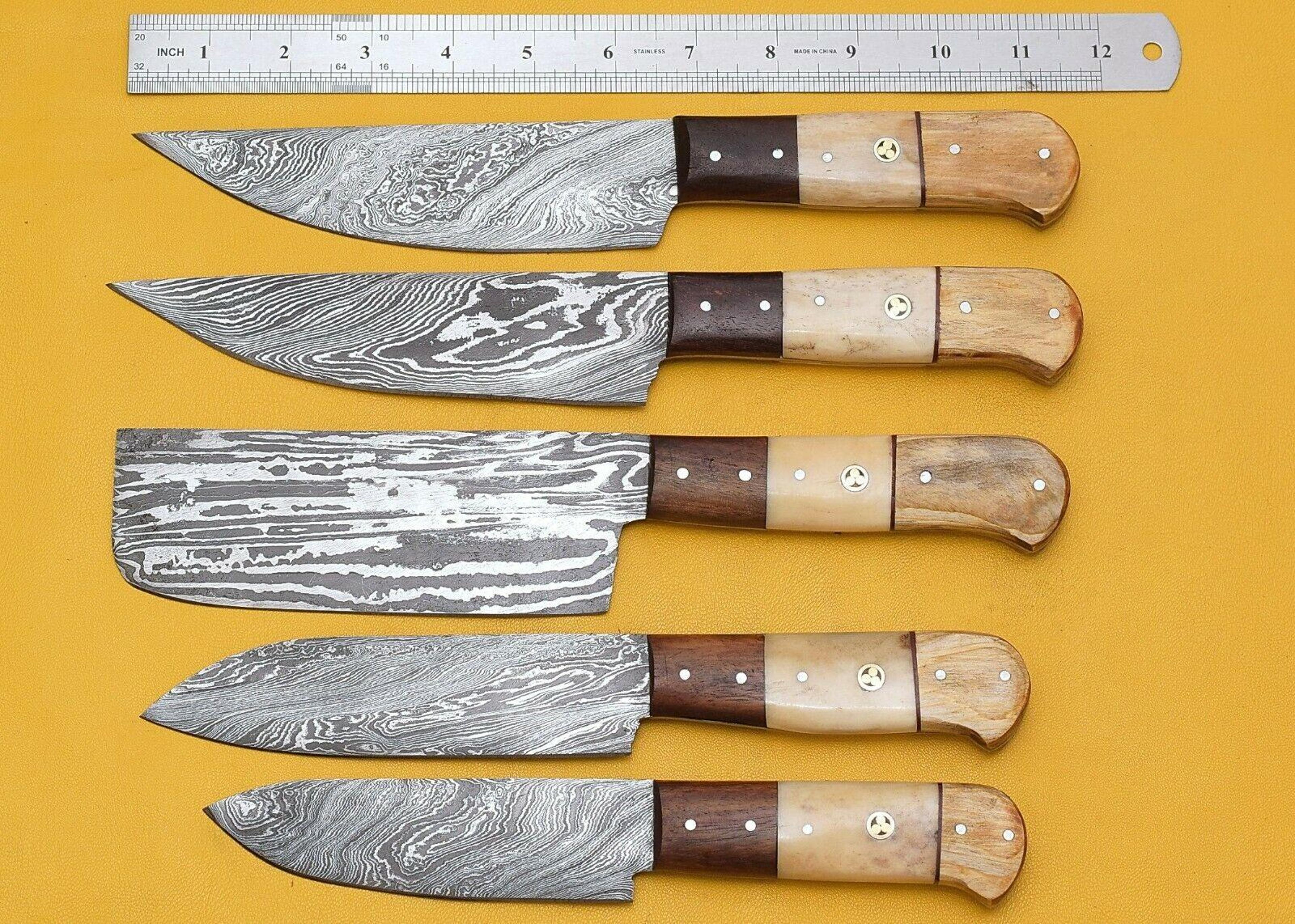 handmade damascus steel 5-piece kitchen chef knife set with bone handle