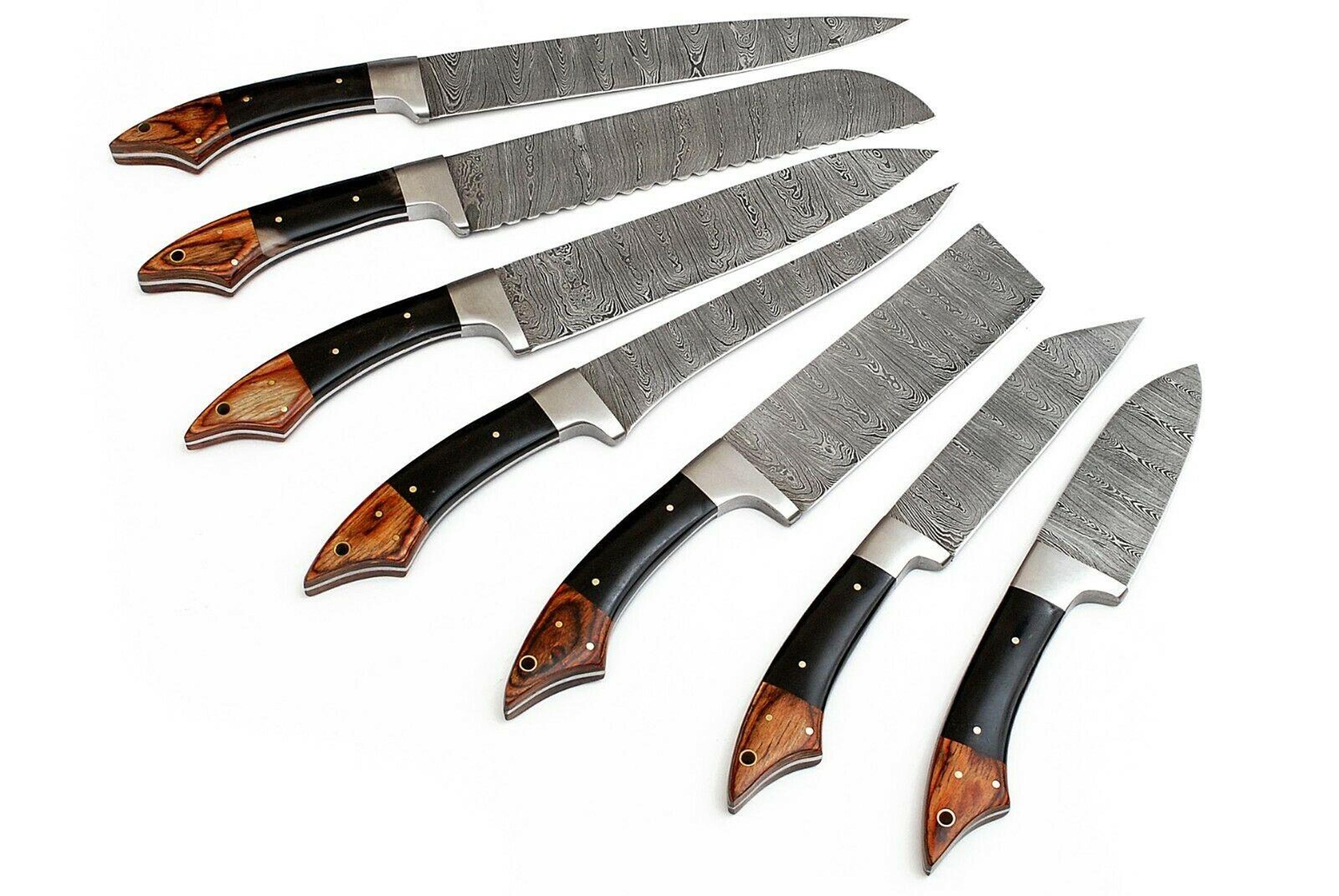 handmade damascus steel 7-piece chef kitchen knife set | wood & horn handle