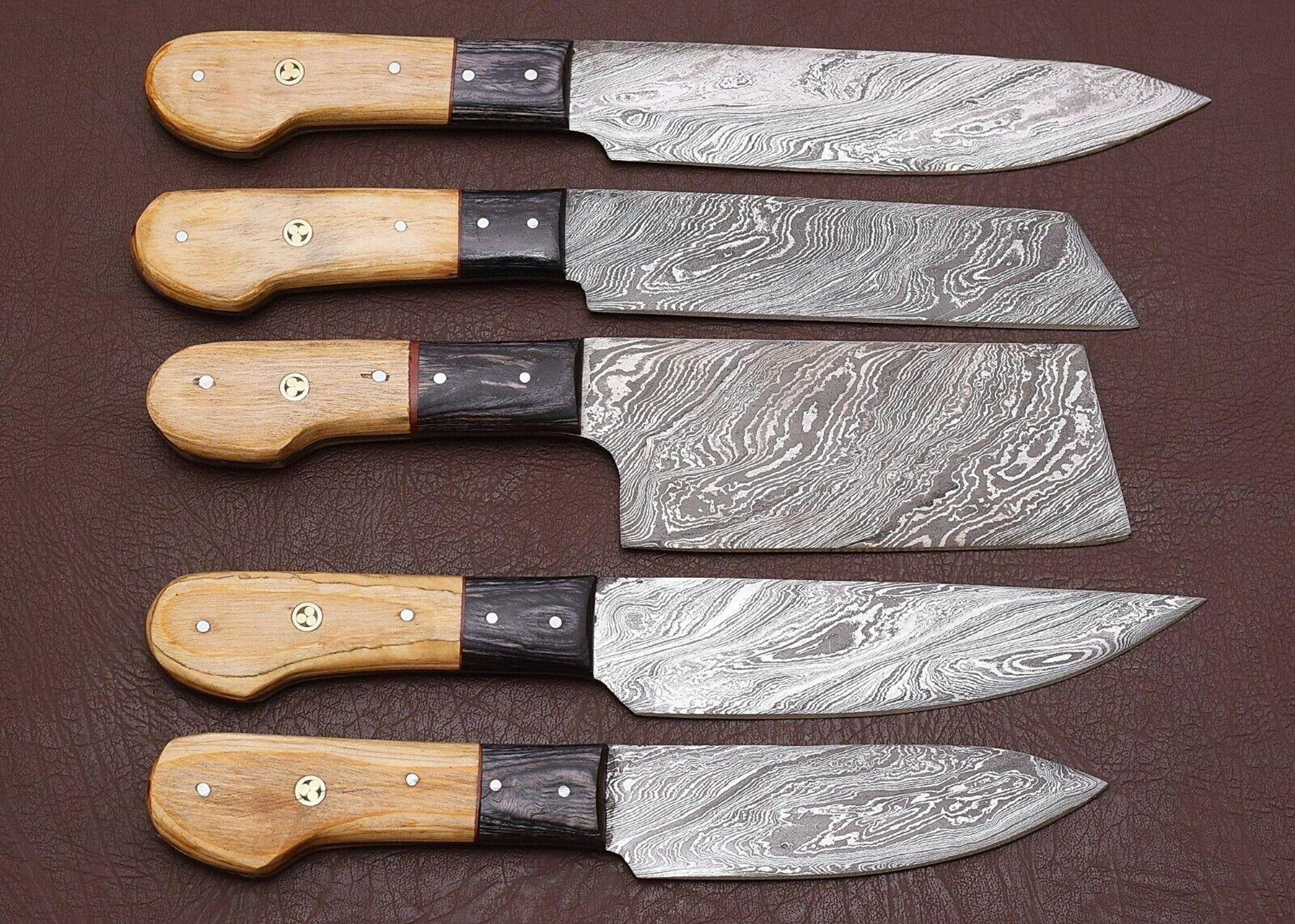 professional damascus chef knives set with leather sheath