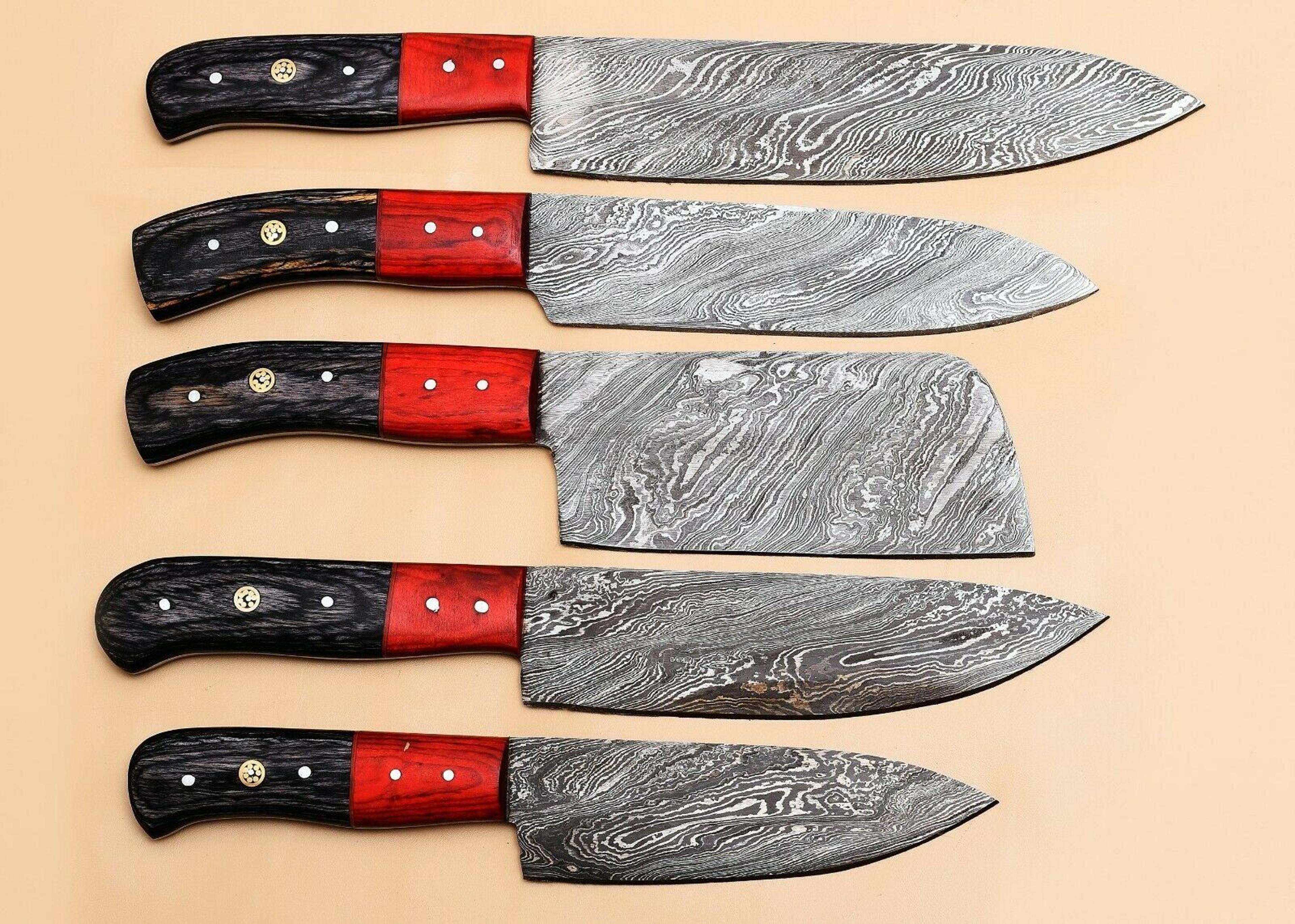 damascus steel kitchen chef knives set with wooden handles