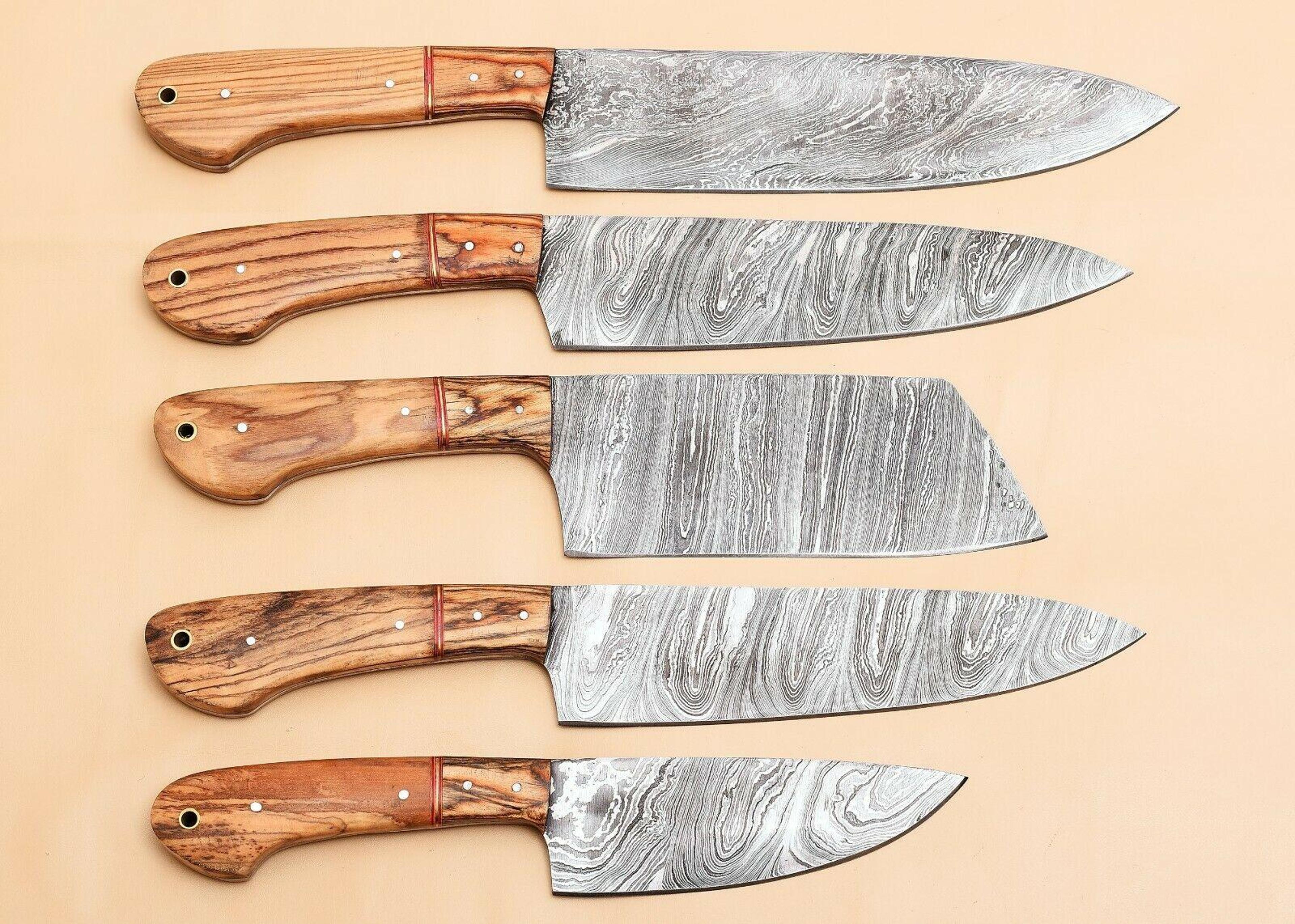 custom handmade damascus kitchen knife set with leather sheath