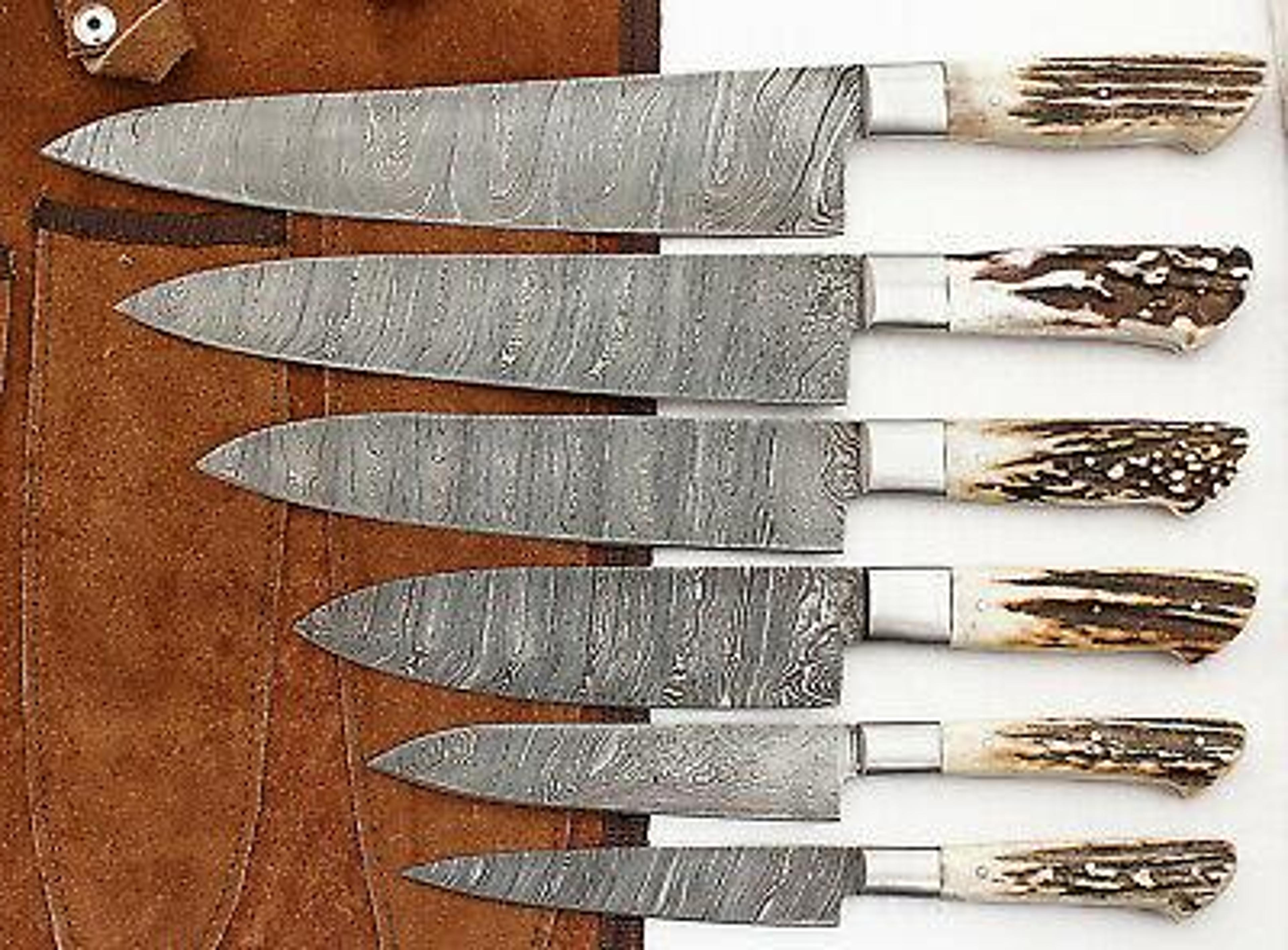custom damascus steel 6 pc kitchen chef knife set with stag handles