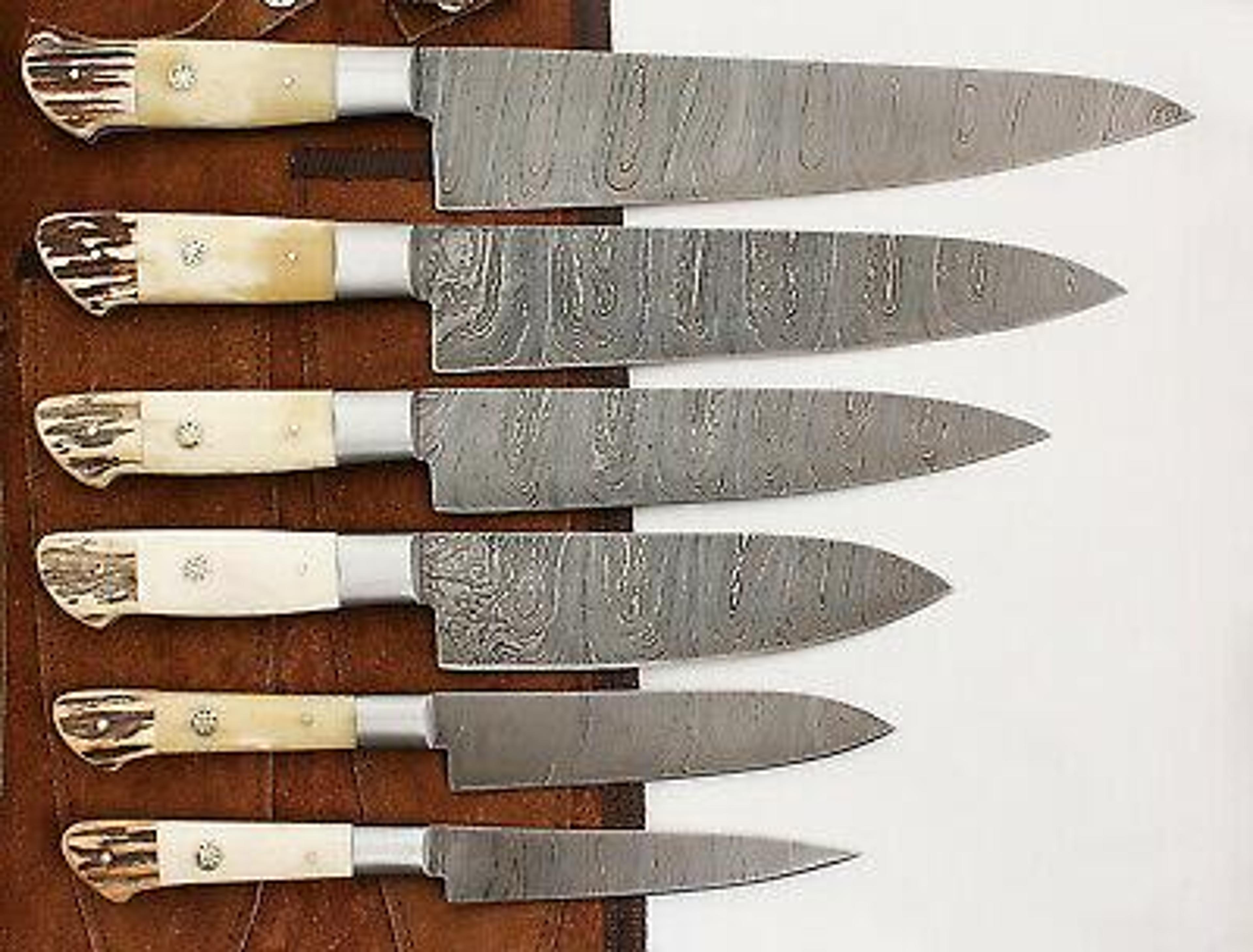 handmade damascus steel 6-piece chef knife set with real stag handles