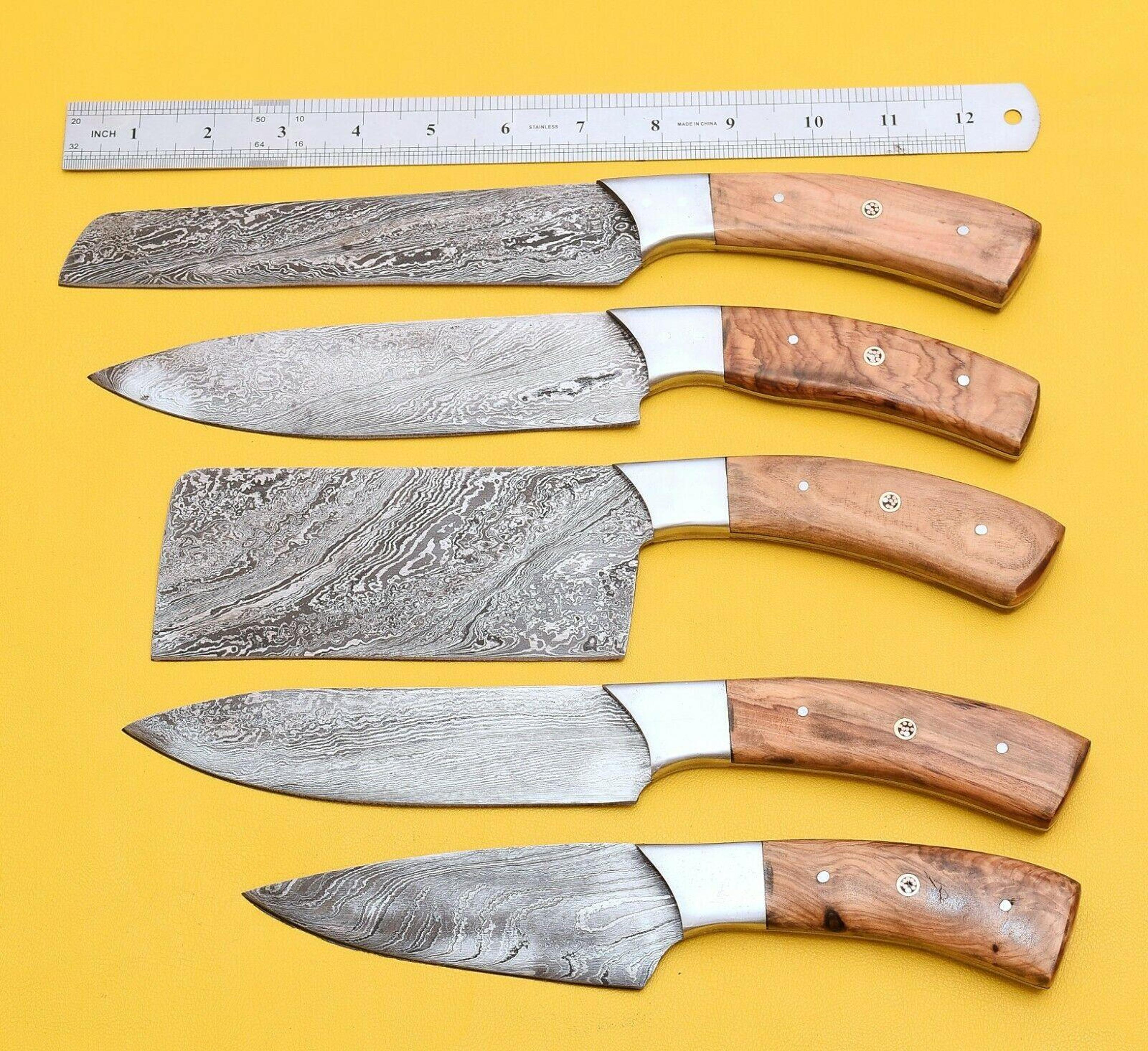 handmade damascus steel chef knife set | popular wood handle kitchen knives