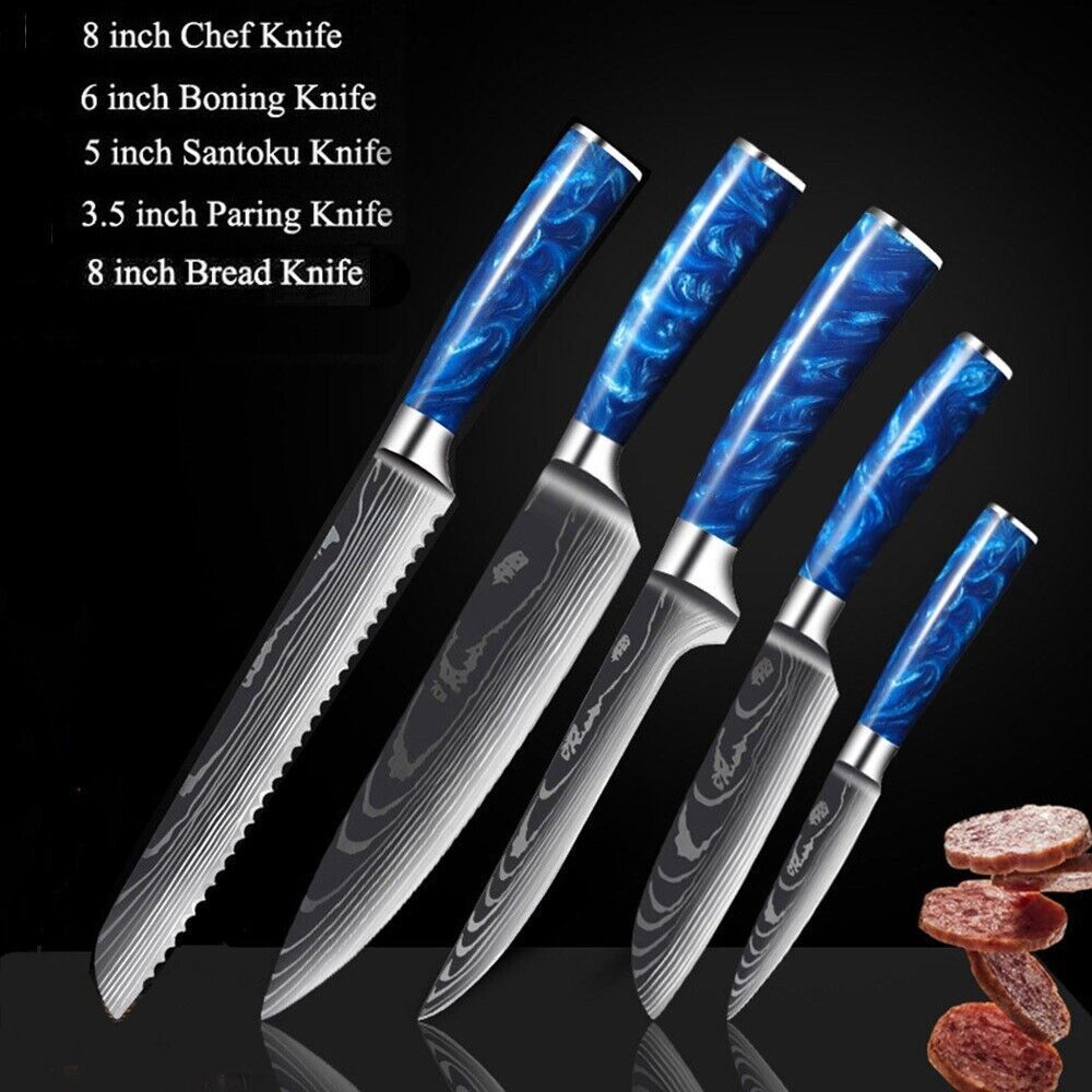 premium japanese style kitchen knife set 5pc | laser damascus steel chef knives