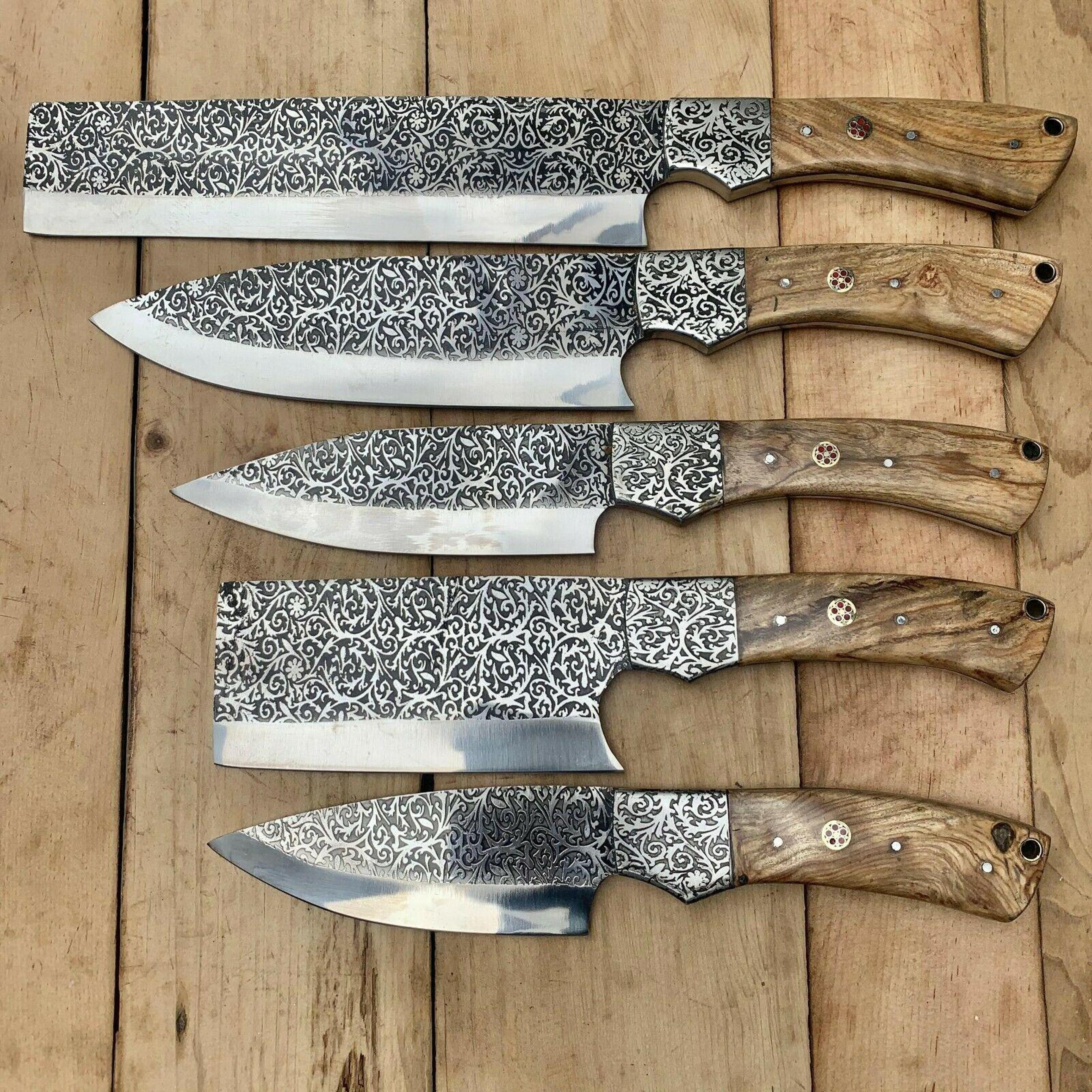 handmade d2 steel chef knife set | etching blade with wooden handle