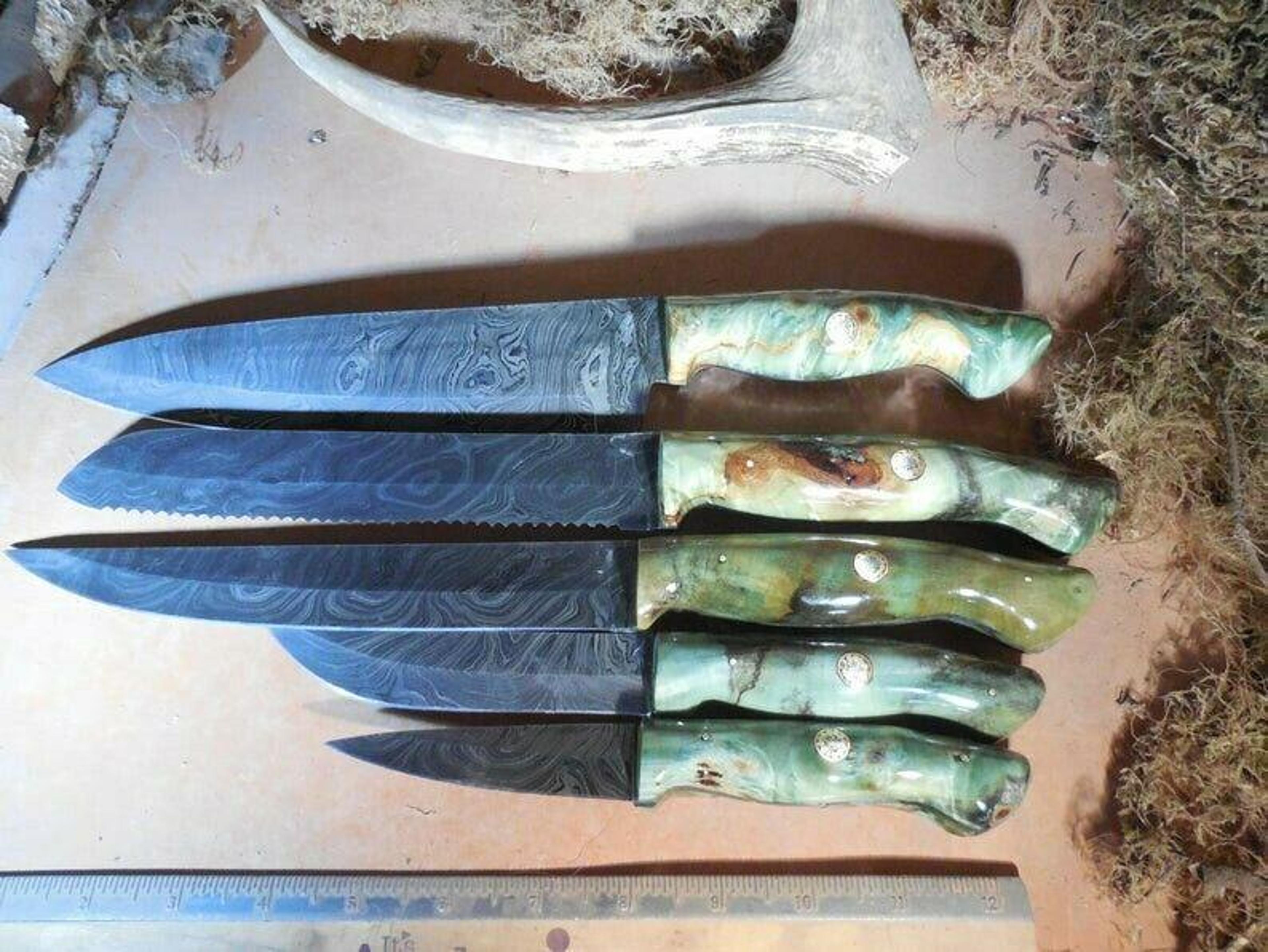 handmade damascus 5-piece knife set | green buckeye burl wood handles