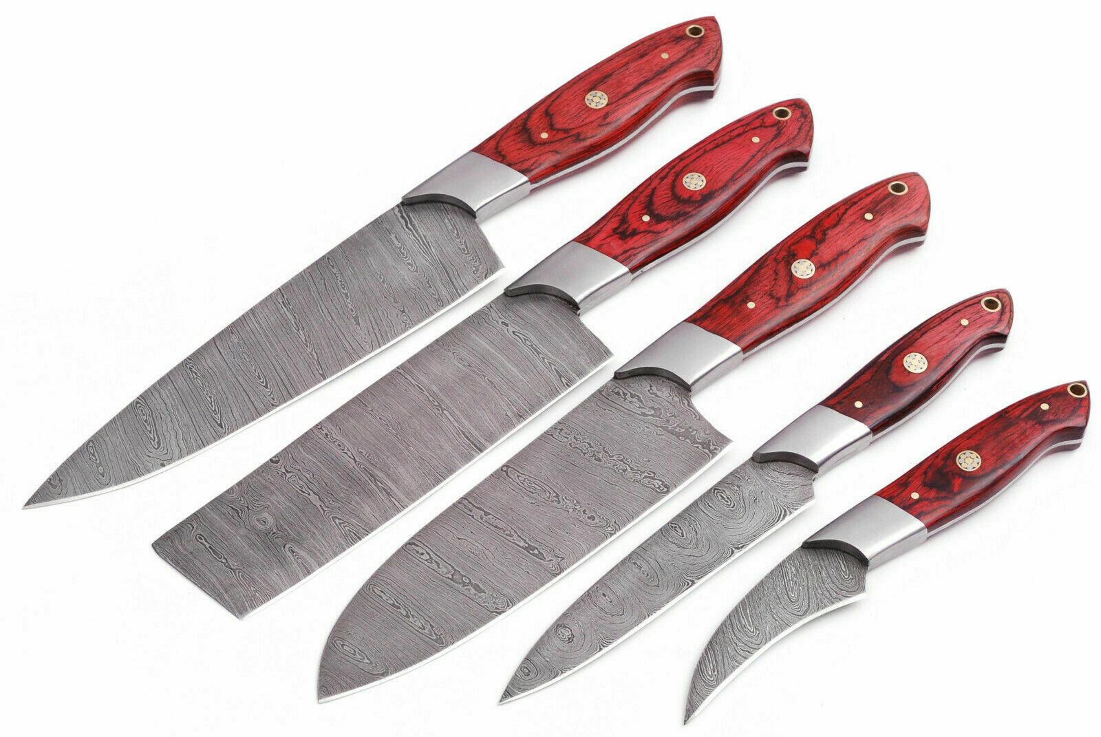 handmade damascus 5-piece chef knife set | red dollar wood handle | custom kitchen knives