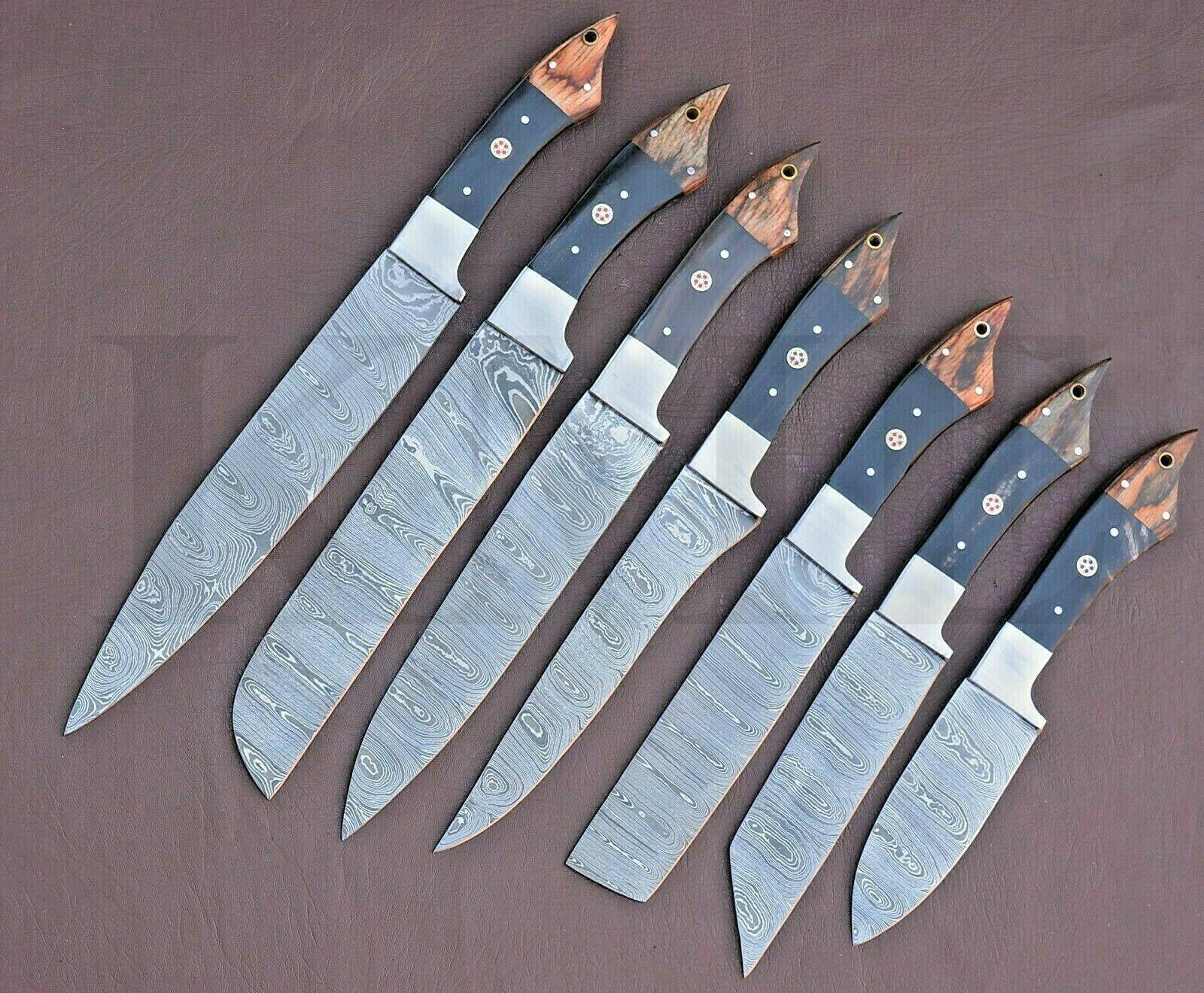 handmade damascus steel 7-piece kitchen chef knife set with bull horn handle | custom forged professional knives