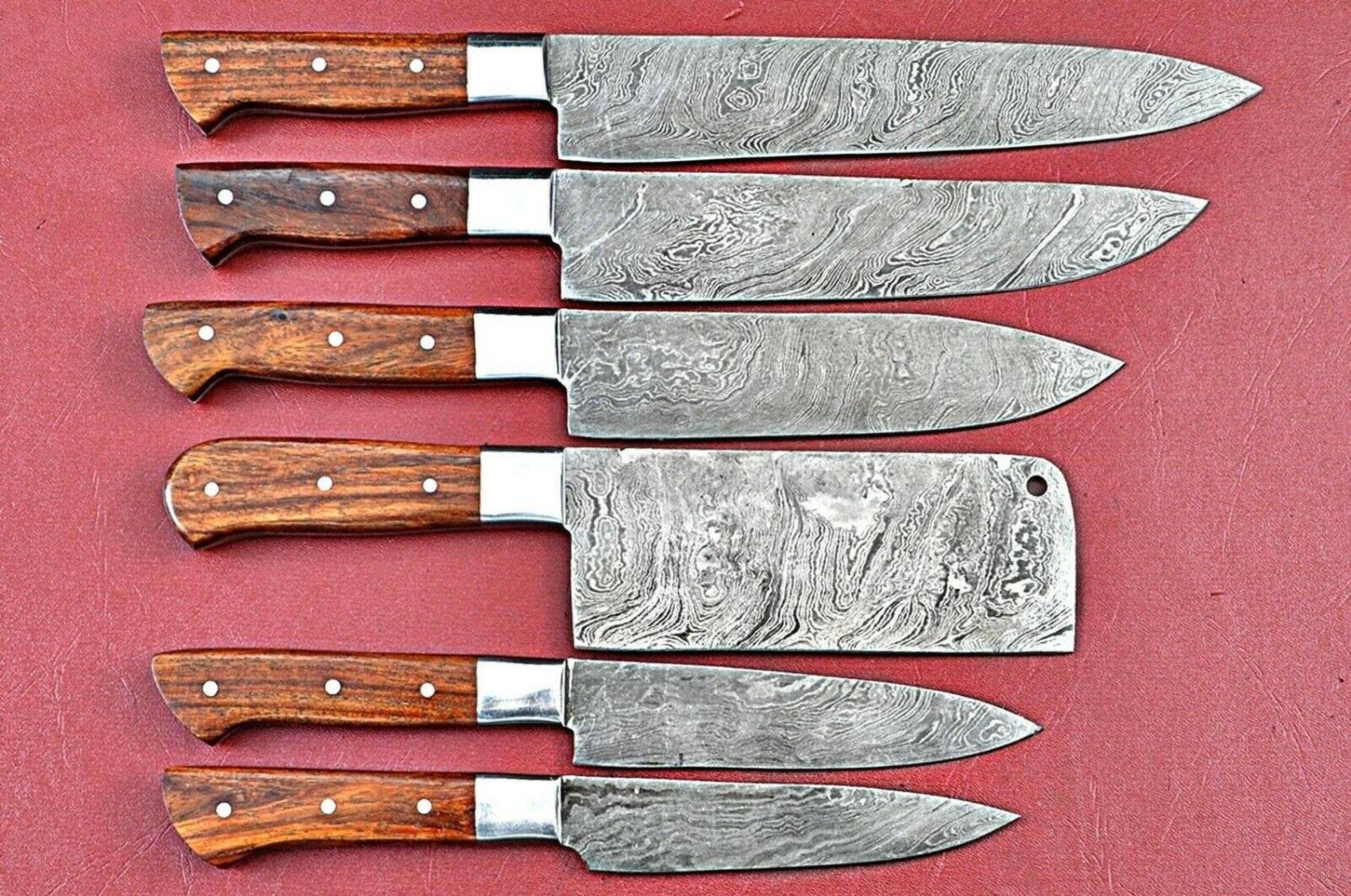 lot of 6 handmade damascus steel full tang chef knives set | custom forged hardwood handle kitchen knife collection