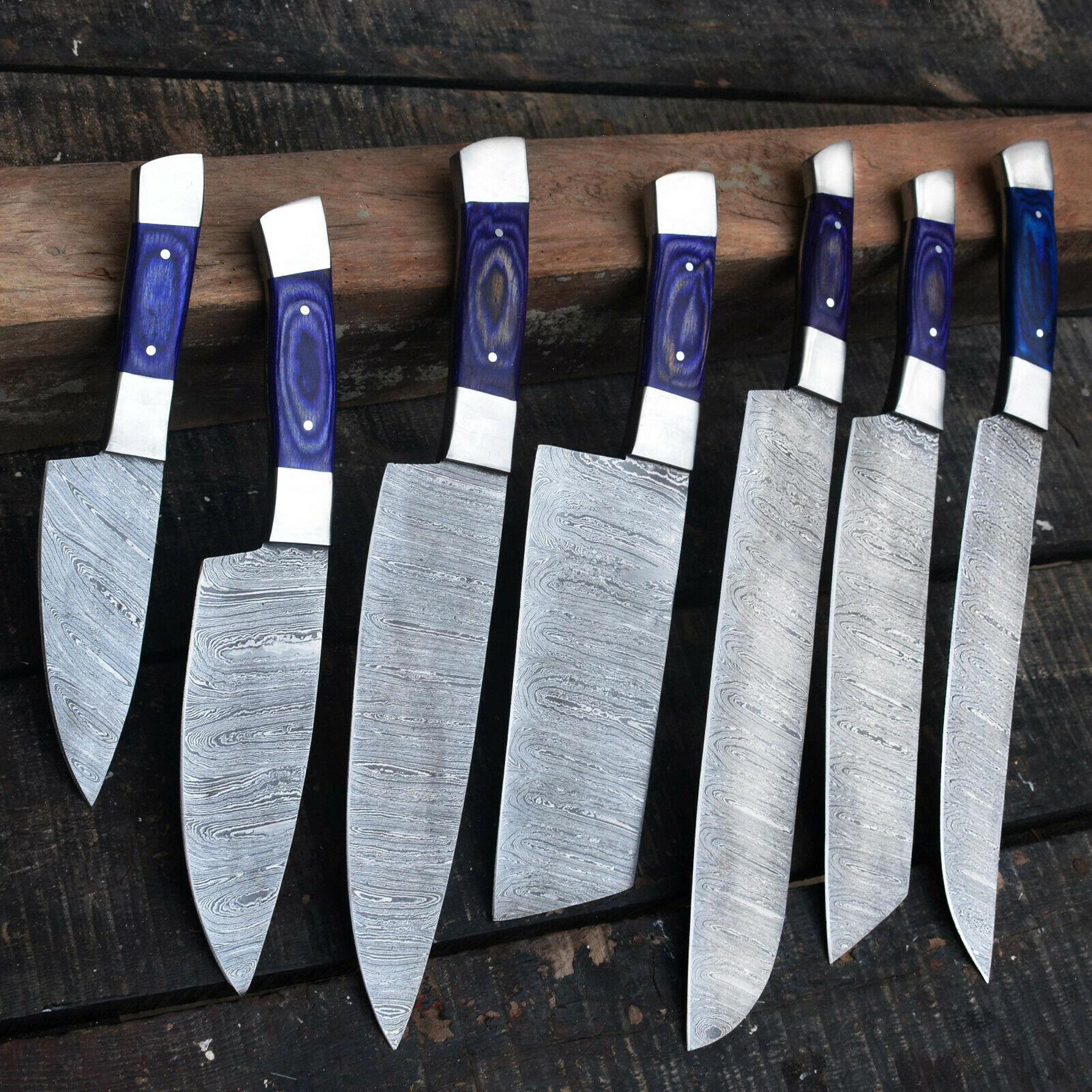 lot of 07 handmade damascus steel kitchen/chef knives – full tang professional knife set