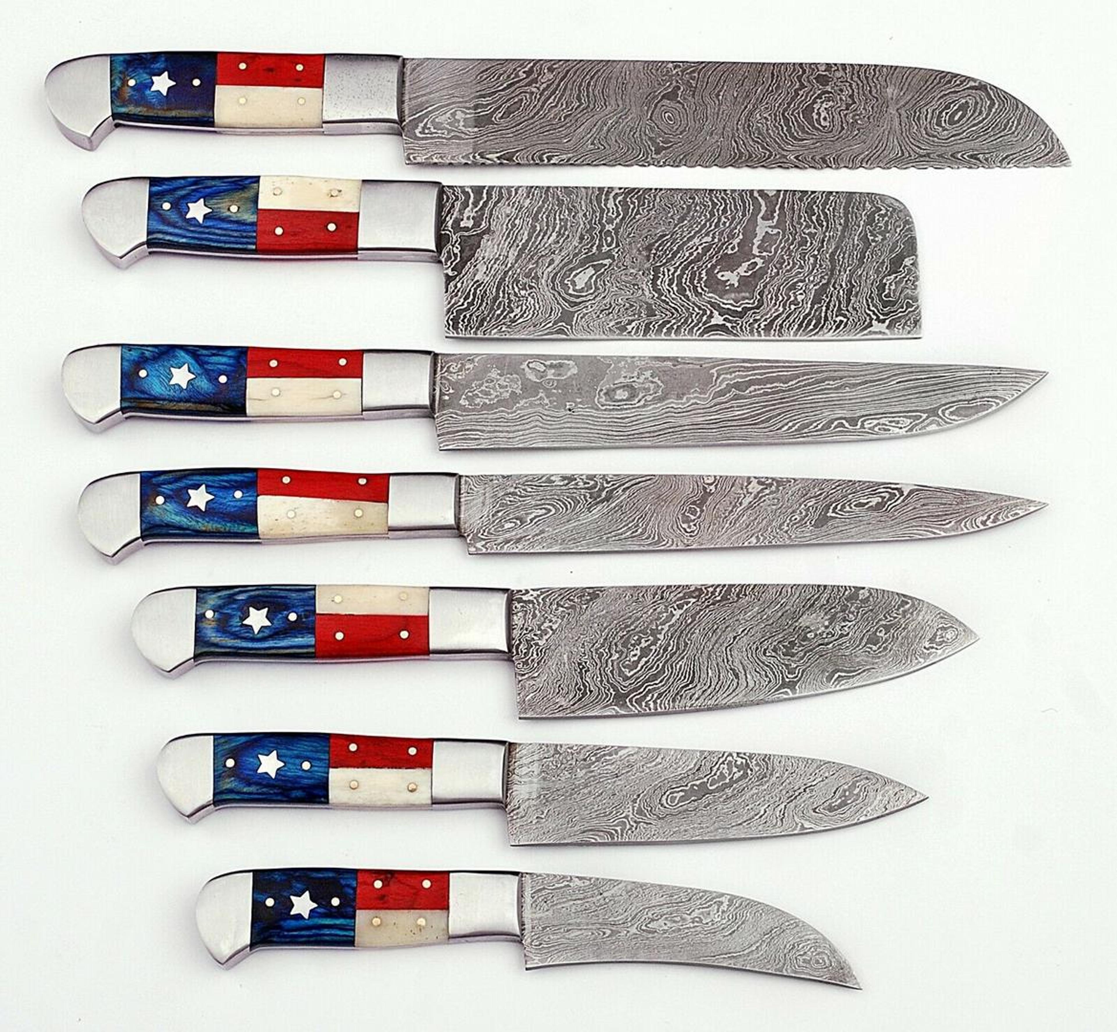 lot of 07 handmade damascus steel kitchen knives – full tang professional knife set