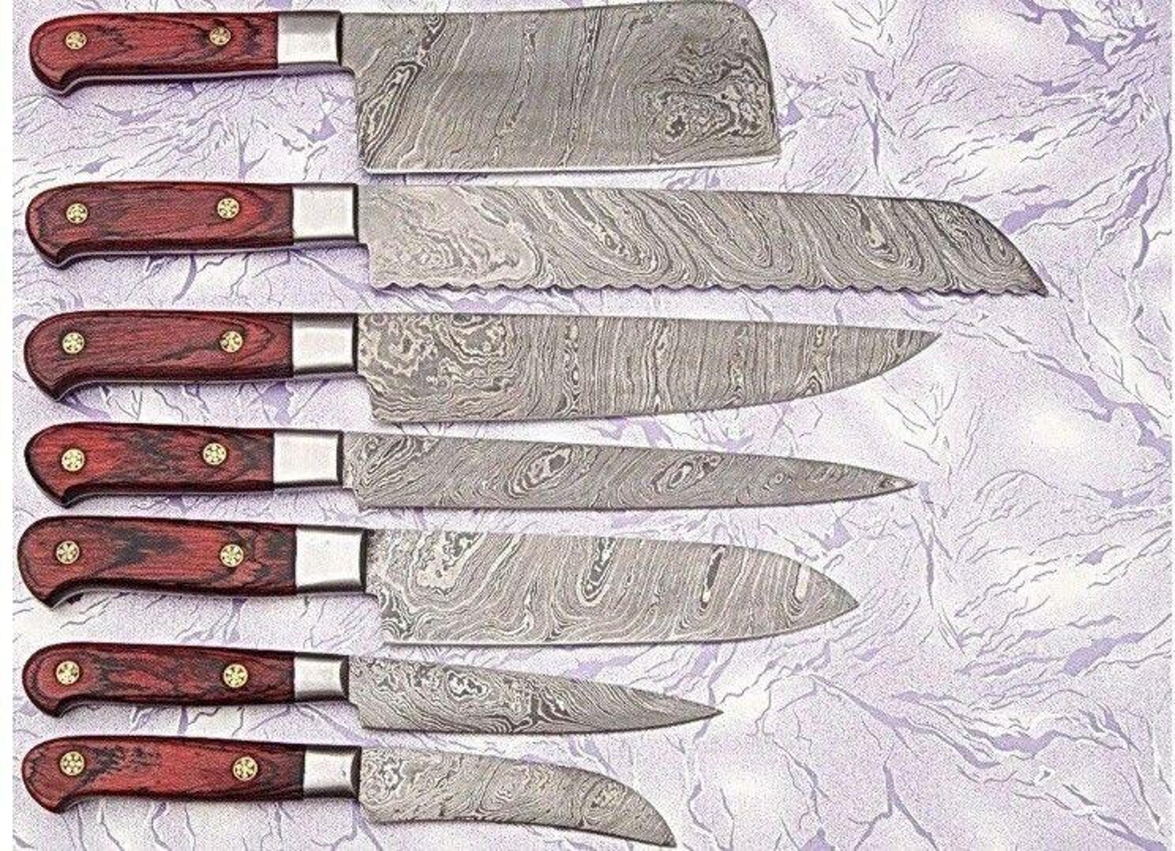 lot of 07 handmade damascus steel kitchen knifes – full tang professional knife set