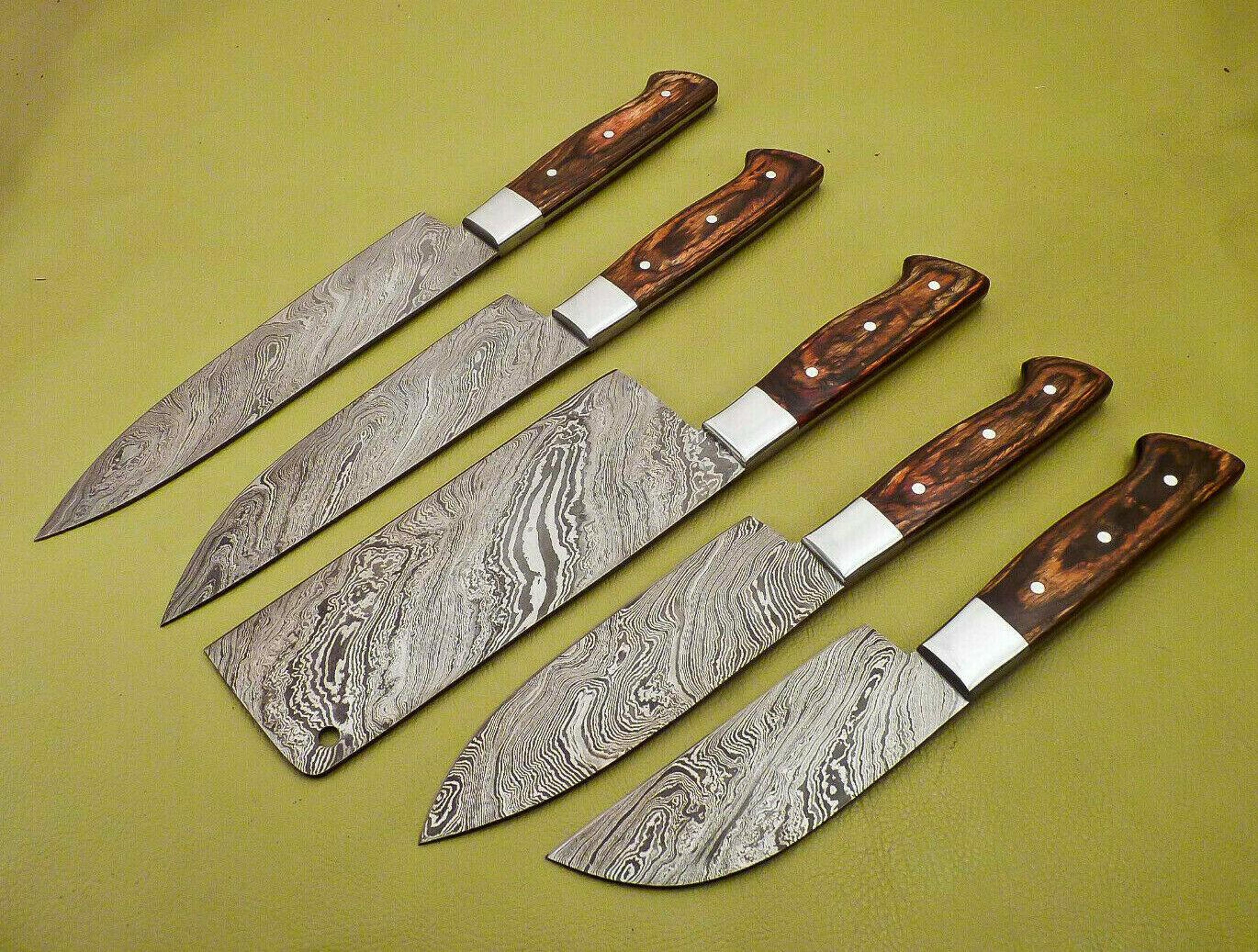 handmade damascus steel chef knife set | lot of 5 full tang kitchen knives with hardwood handle