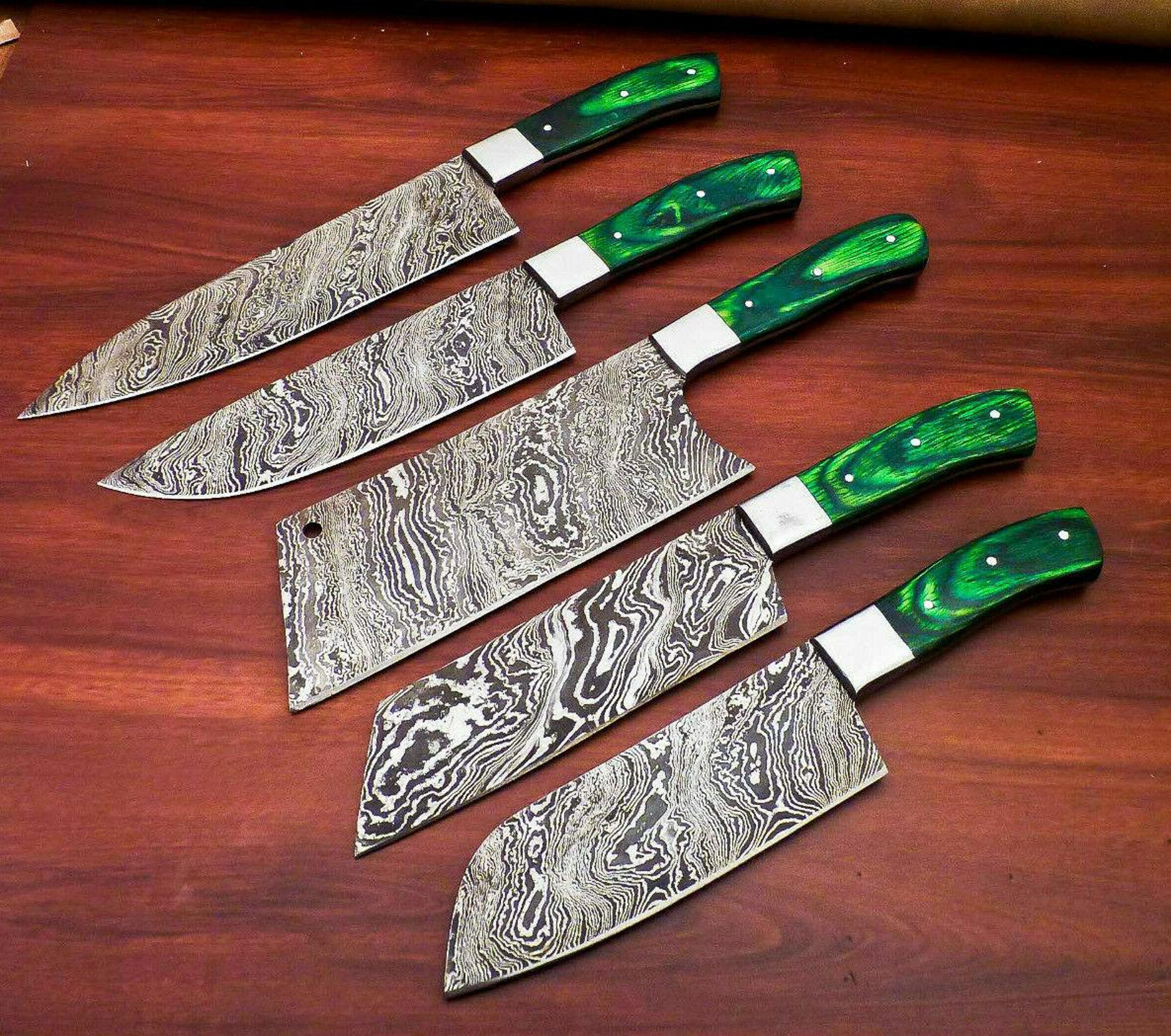 lot of 5 handmade damascus steel chef knife set | full tang kitchen knives with hardwood handle